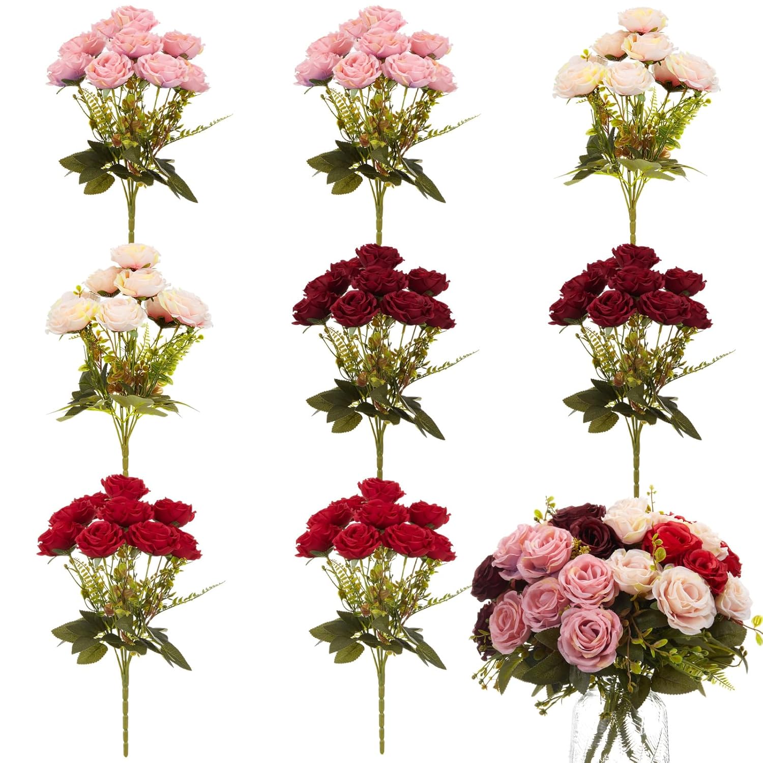 8 Bunches 72 Heads Artificial Roses Bulk With Long Stems & Leaves Mixed Pink Red Silk Rose In Bulk For Decoration Diy Wedding Arrangement Bridal Bouquets Centerpieces Valentines Home Decor