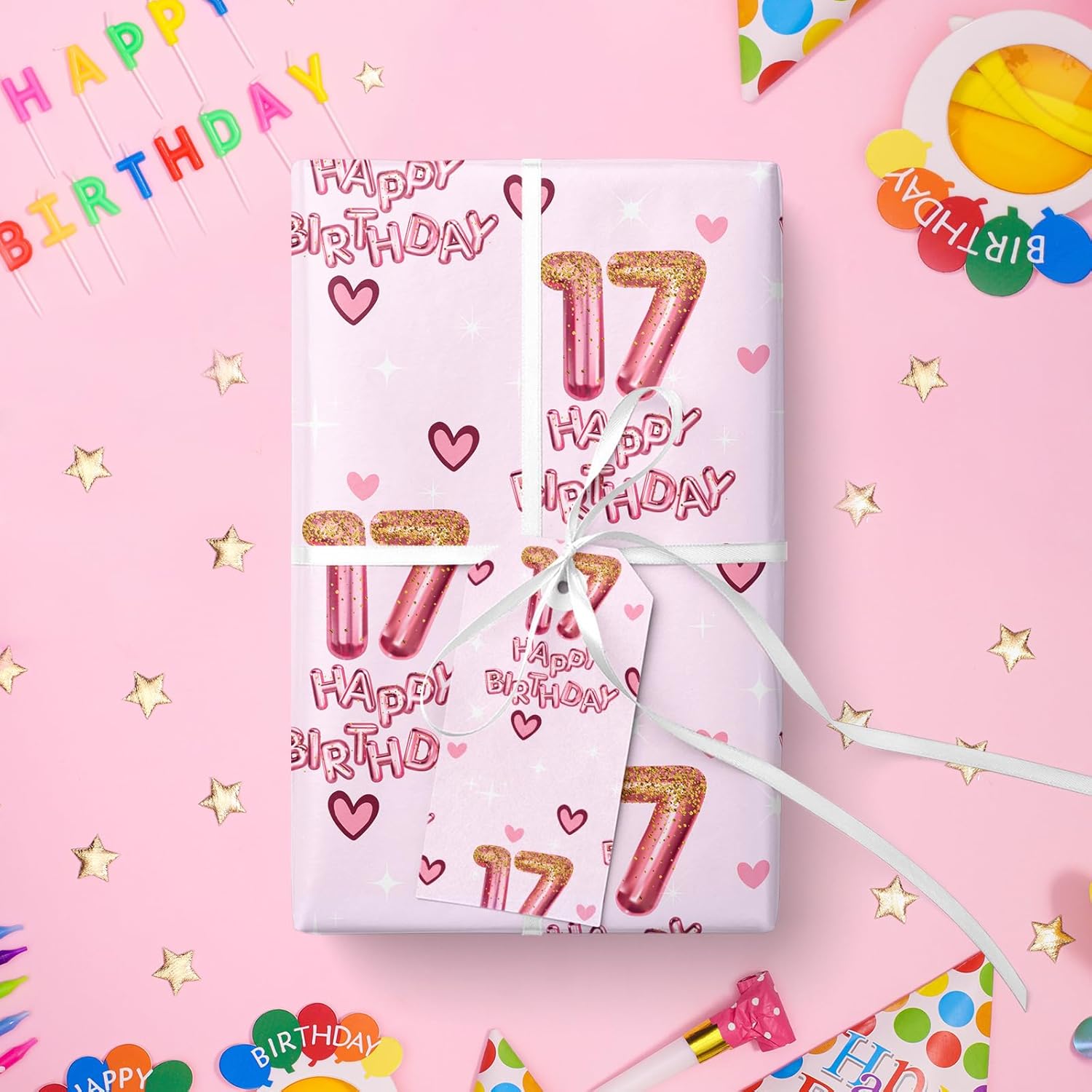 17Th Wrapping Paper Birthday Girl, Hearts And Pink Number 17 Balloons Happy Birthday Design, 17 Years Old, Mini Roll, 17 Inches X 16.4 Feet, Perfect For Girls' Birthday Party Gifts