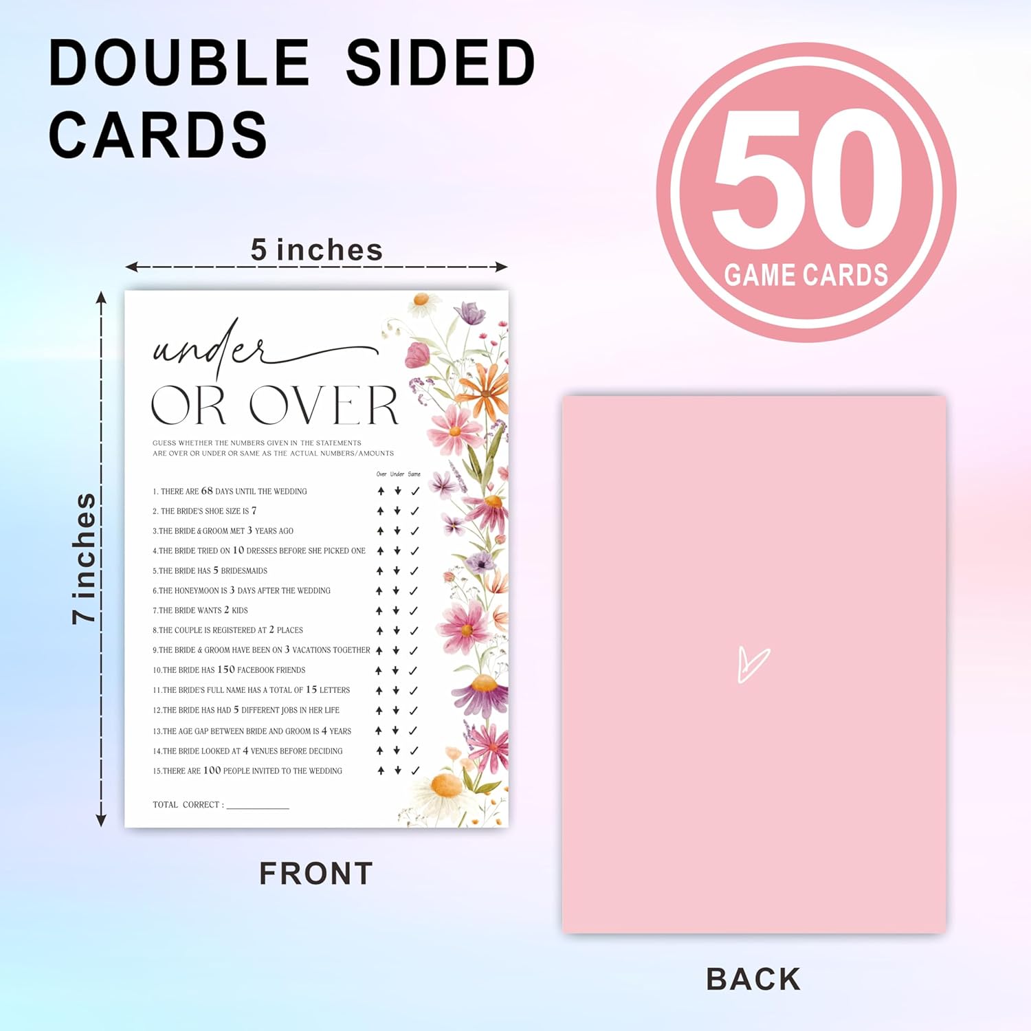 Floral Under Or Over Wedding Game Cards -5 X 7 Inches Double -Sided Fill-In Wedding Shower Games For 30 Guests -Newlyweds, Bridal Shower Activities Supplies & Decor -A04
