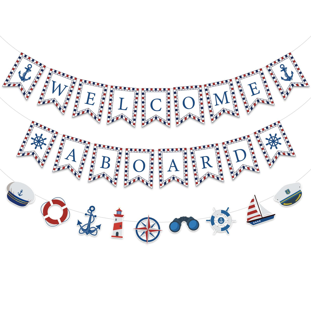 Nautical Party Decorations White Welcome Aboard Banner Ship Anchor Wheel Hanging Banner for Boys Men Sailor Baby Shower Nautical Ocean Beach Cruise Birthday Adventure Party Supplies