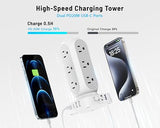 Tower Power Strip 12 Outlets 8 USB Ports 4 USB C 40W Fast Charging 10FT Flat Plug Extension Cord