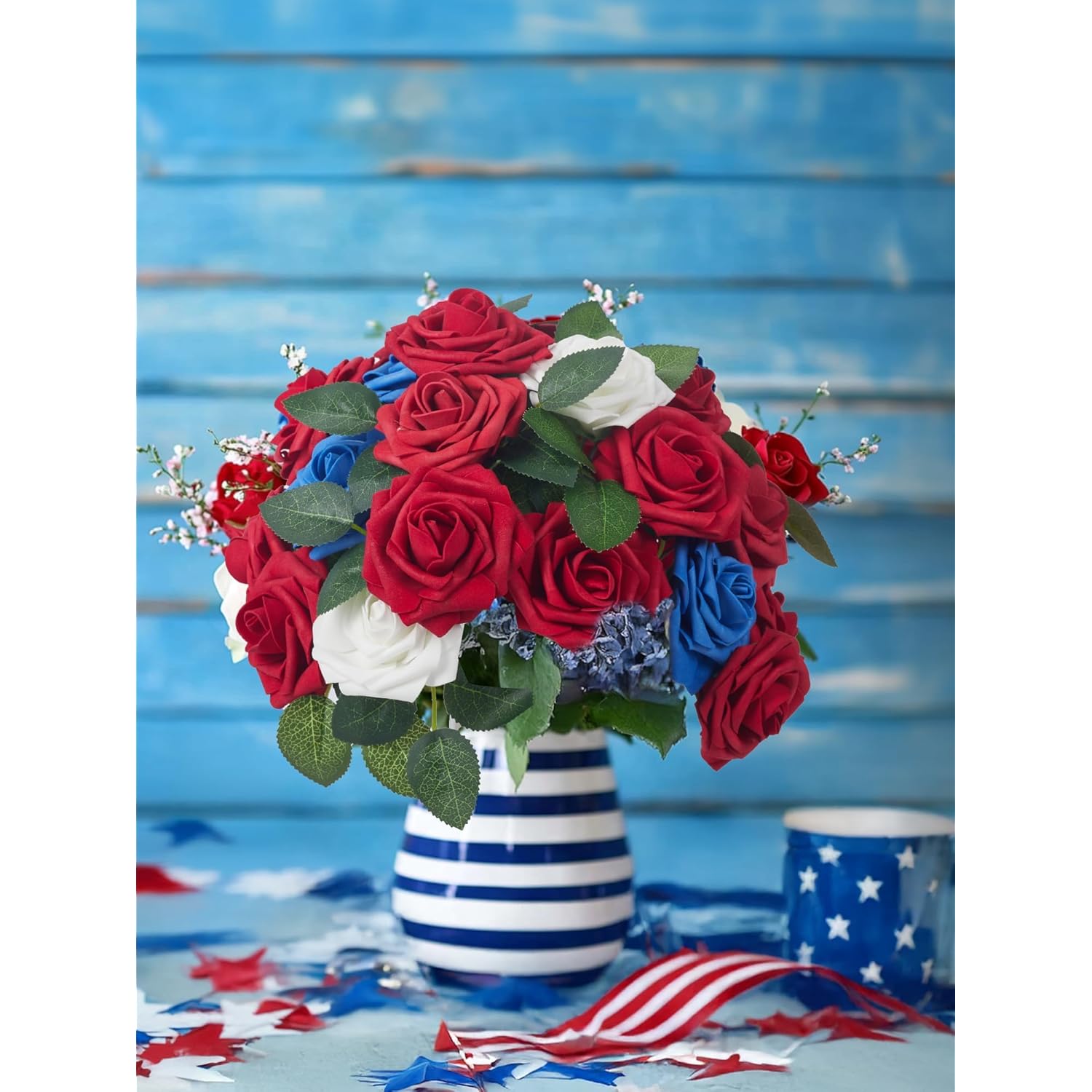 Artificial Flowers, 50 Pcs Dark Red Foam Fake Roses Bulk With Stems For Decoration Celebration Diy Wedding Bouquets Centerpieces Bridal Shower Party Christmas Tree
