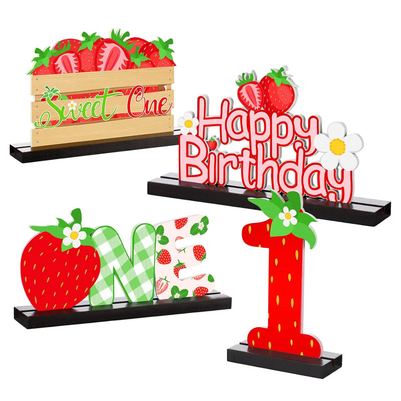 4 Pcs Strawberry One Letter Sign Table Centerpieces Berry Sweet One Bi