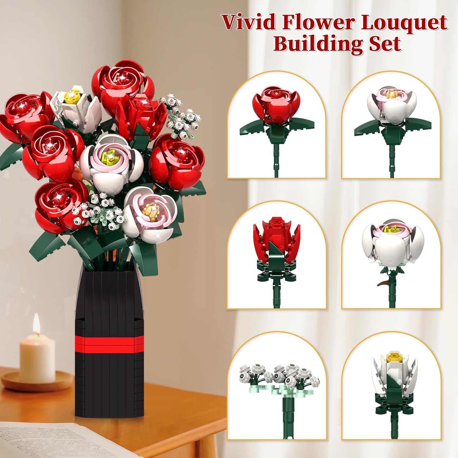 Rose Flower Bouquet Building Kit Gift For Valentine’S Day, Roses Bouquet Building Set, 841Pcs Red Roses Artificial Flowers With Vase, Rose Unique Diy Gifts For Women, Adults, Kids, Anniversaries