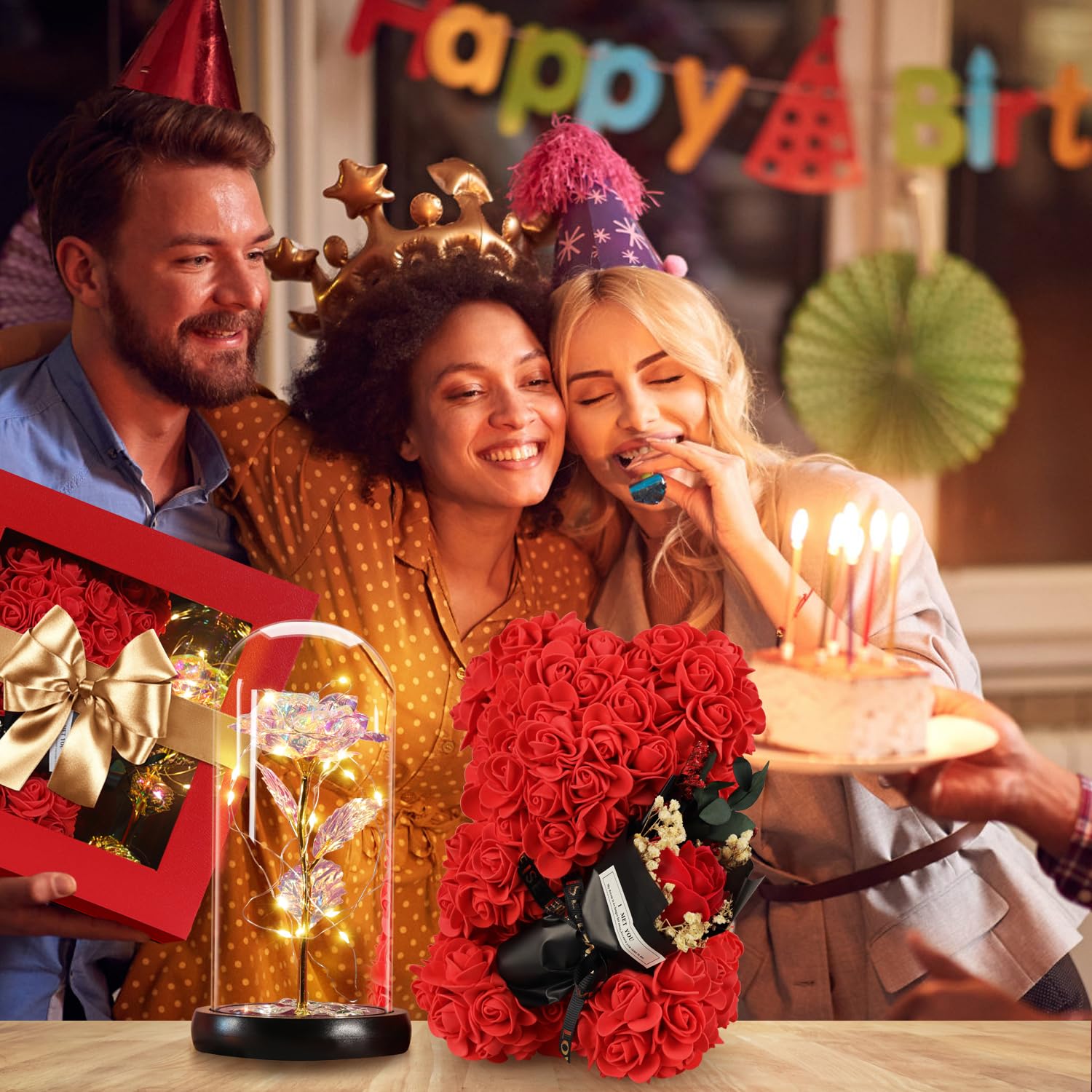 Valentines Day Gift For Her Women Mom Wife Girlfriend, Rose Bear & Beauty And The Beast-Inspired Rainbow Light-Up Roses Gift Set – Perfect For Valentine’S, Birthday Mother’S Day,And Anniversary