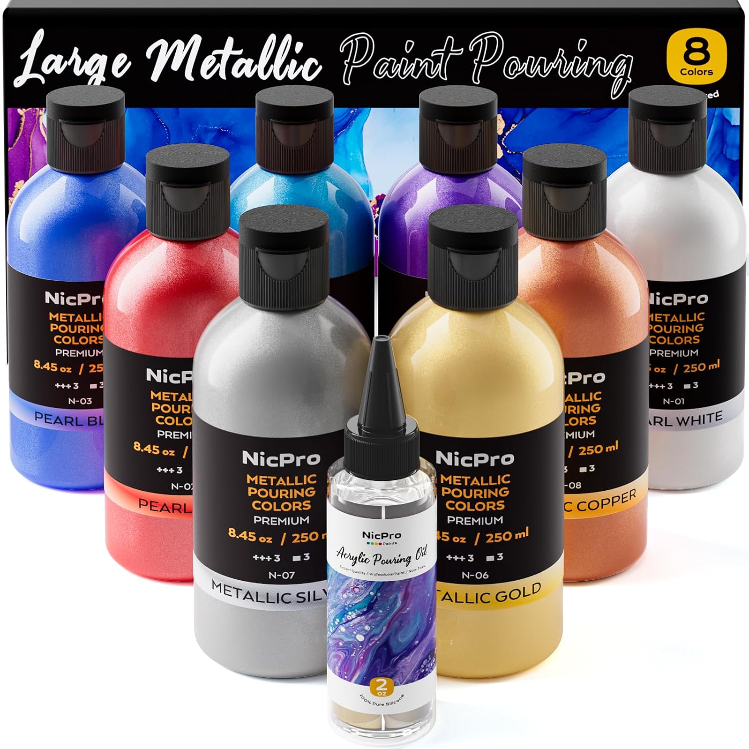 8 Colors 8.45Oz Metallic Acrylic Pour Paint Supplies Kit, Large Volume Ready To Pour Premixed High Flow Pouring Paint Set With Silicone Pouring Oil, Gloves, Instructions For Beginner Diy