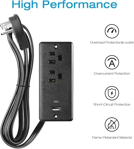 Recessed Furniture Power Strip Flush Mount Desk Outlet with 20W USB-C and 6 ft Cord