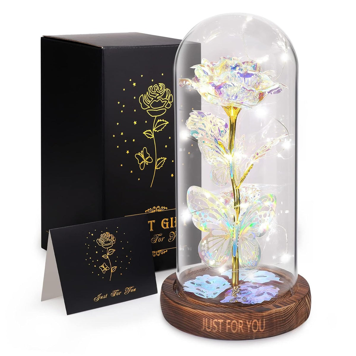 Valentines Day Gifts For Her, Light Up Rose Butterfly In Glass Dome, Birthday Anniversary Flowers Lighted Roses Gifts For Women,Wife,Mom, Grandma,Girlfriend,Girls,Sister-Silver