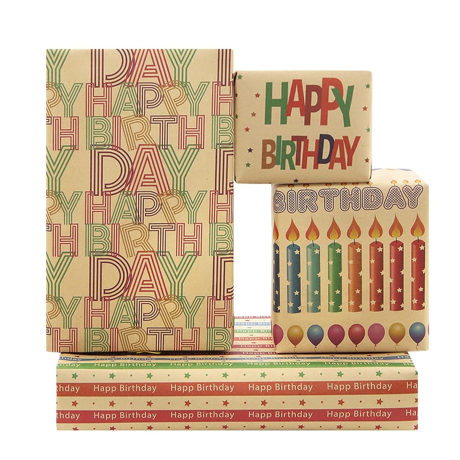 Kraft Colorful Happy Birthday Wrapping Paper For Men Women Boys Girls Kids, 4 Sheets In 4 Designs Folded Flat 20X28 Inches Per Sheet For Birthday Party, Gift Wrapping, Crafts & More
