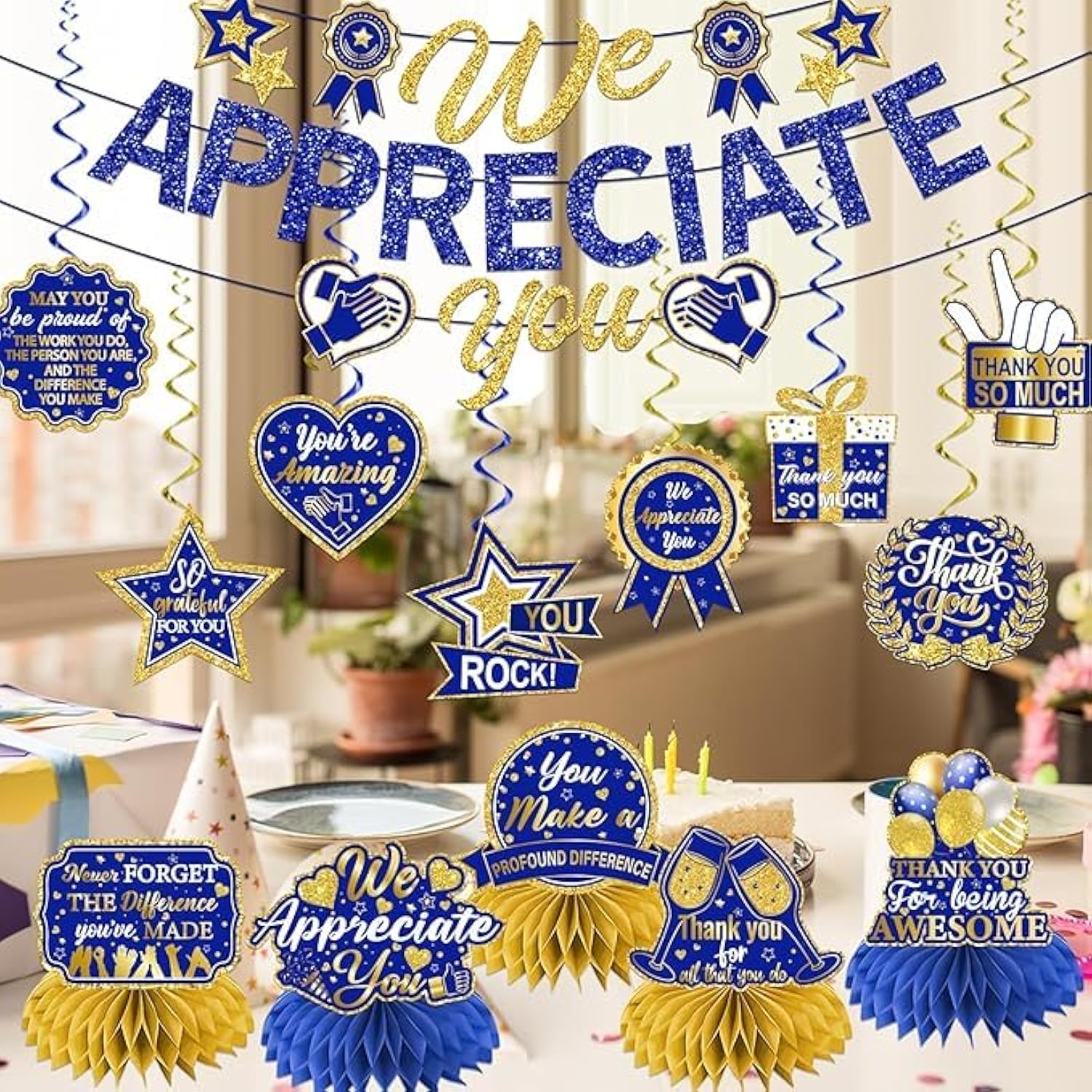We Appreciate You Decorations, Navy Blue Gold Thank You Decorations Includes We Appreciate You Banner And Employee Appreciation Table Decorations And Hanging Swirls For Pastor Appreciation Decorations