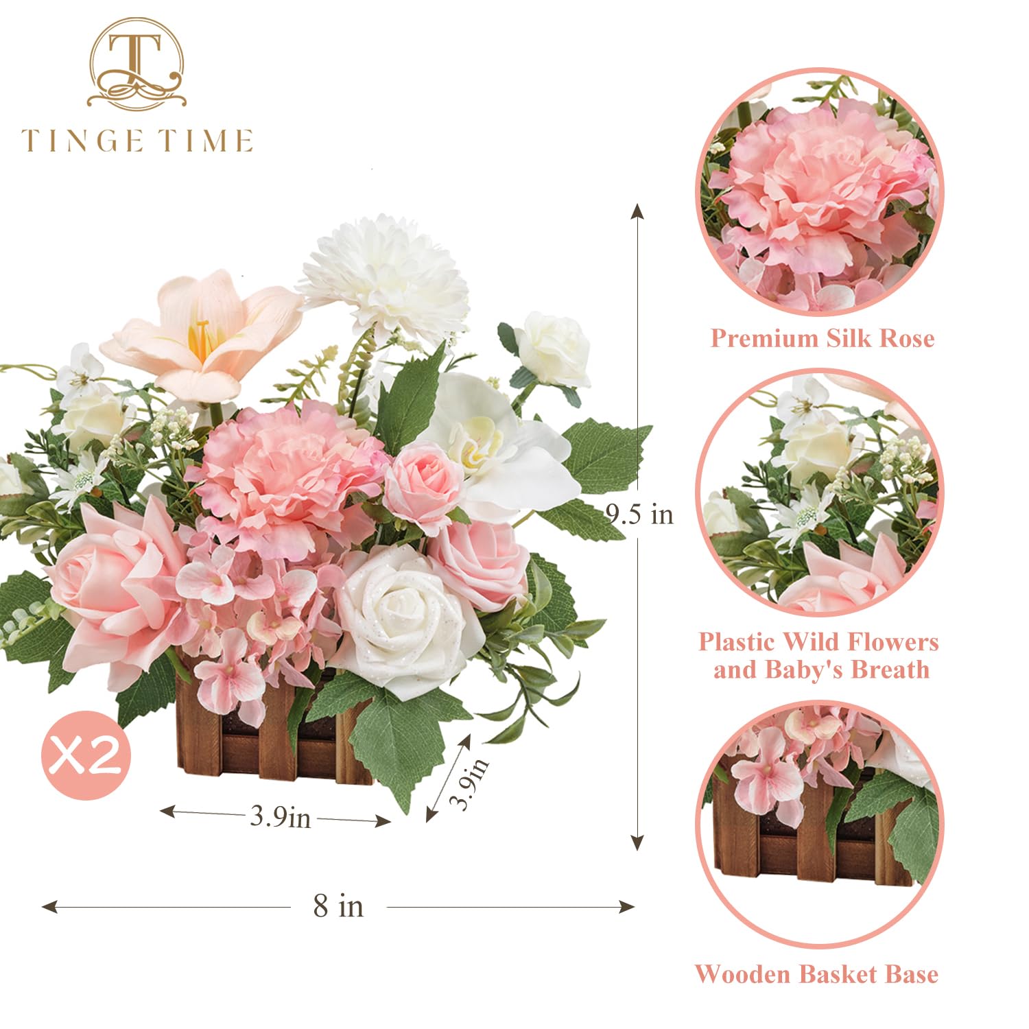 Wedding Centerpiece Flower With Basket, Set Of 2 Large Artificial Flowers Floral Arrangement For Tabletop Mantel Archway Aisle (Peachpink&White)