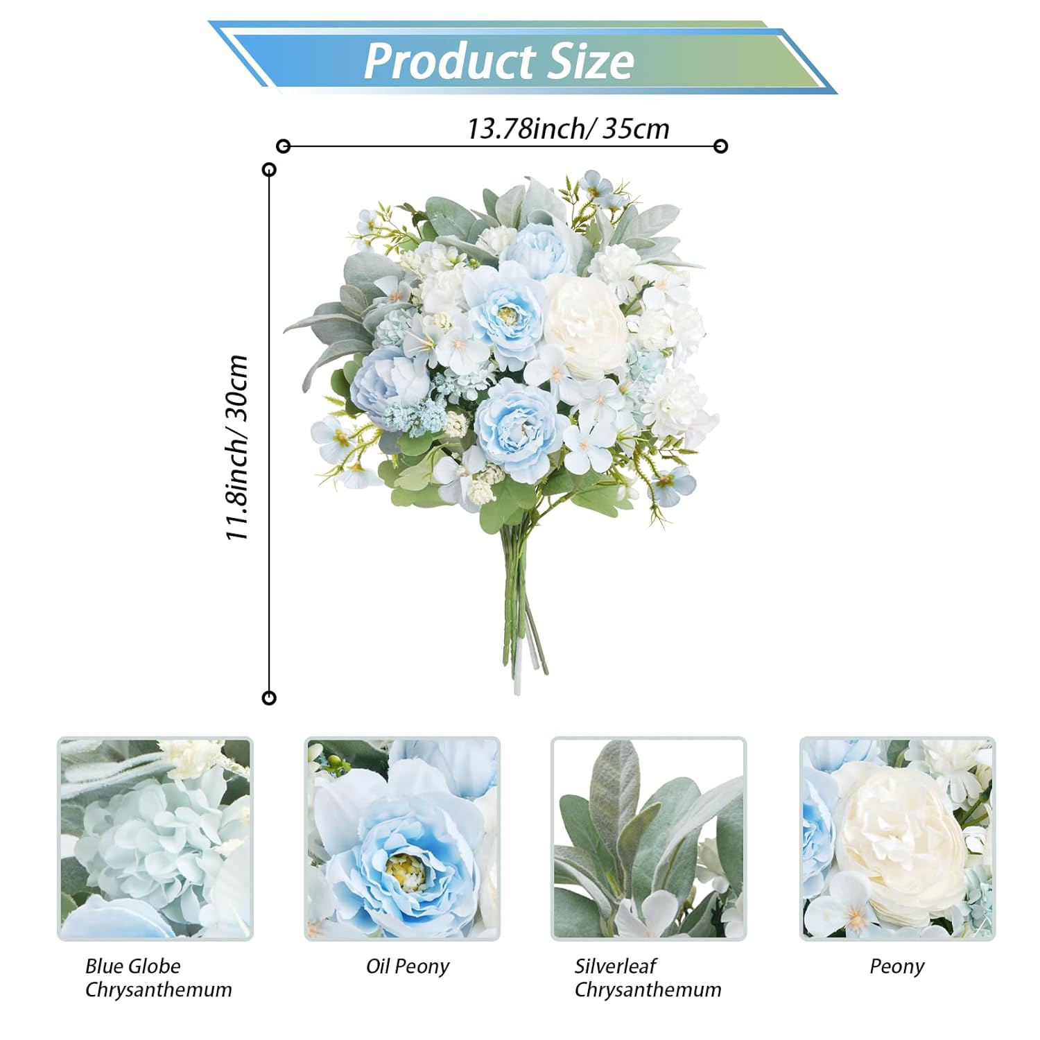 Fake Peonies Artificial Flowers, Baby Blue Silk Bouquets With Ball Chrysanthemum Peony Cineraria, Spring Faux Floral Arrangements For Home Table Centerpiece Grave Flowers For Cemetery