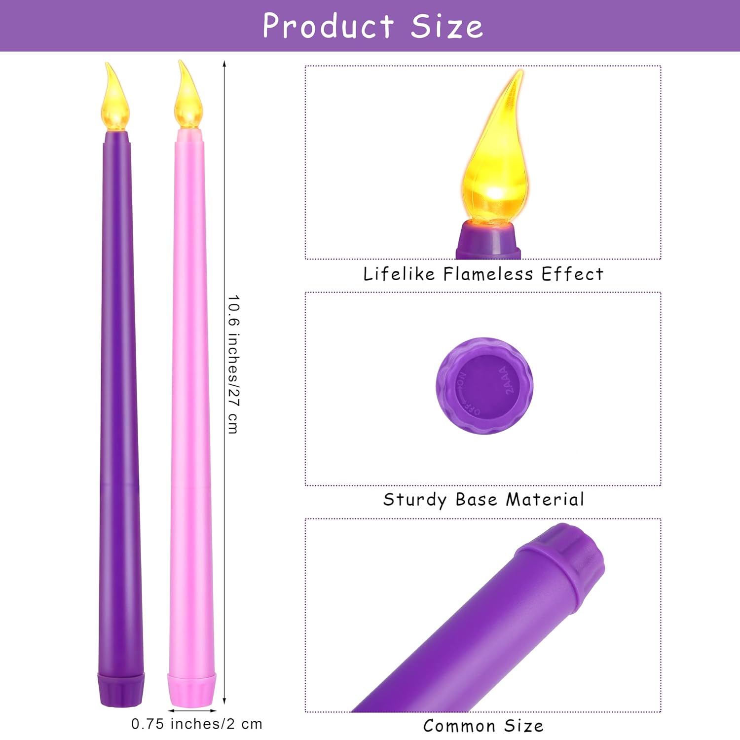 4 Pack Flameless Advent Candle Christmas Led Taper Flame Candles 10.6 Inch Remote Controlled Taper Candlesticks Flickering Window Candles For Christmas Wreath Advent Holiday Decor, Purple Pink