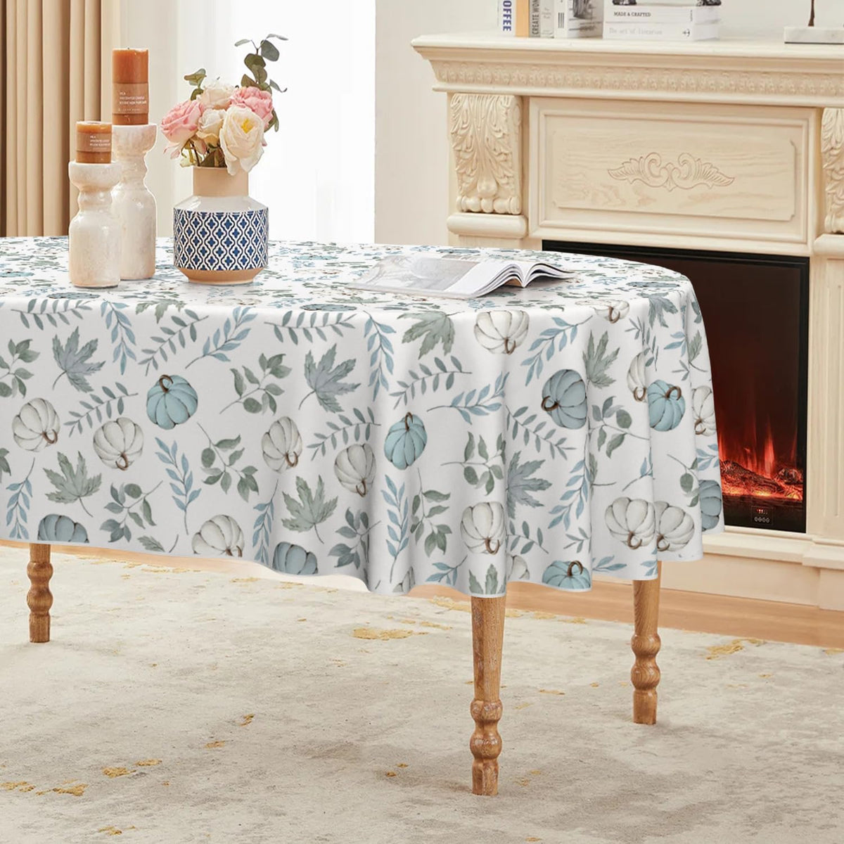 Fall Tablecloth 60 x 84 Inch Oval Thanksgiving Leaves