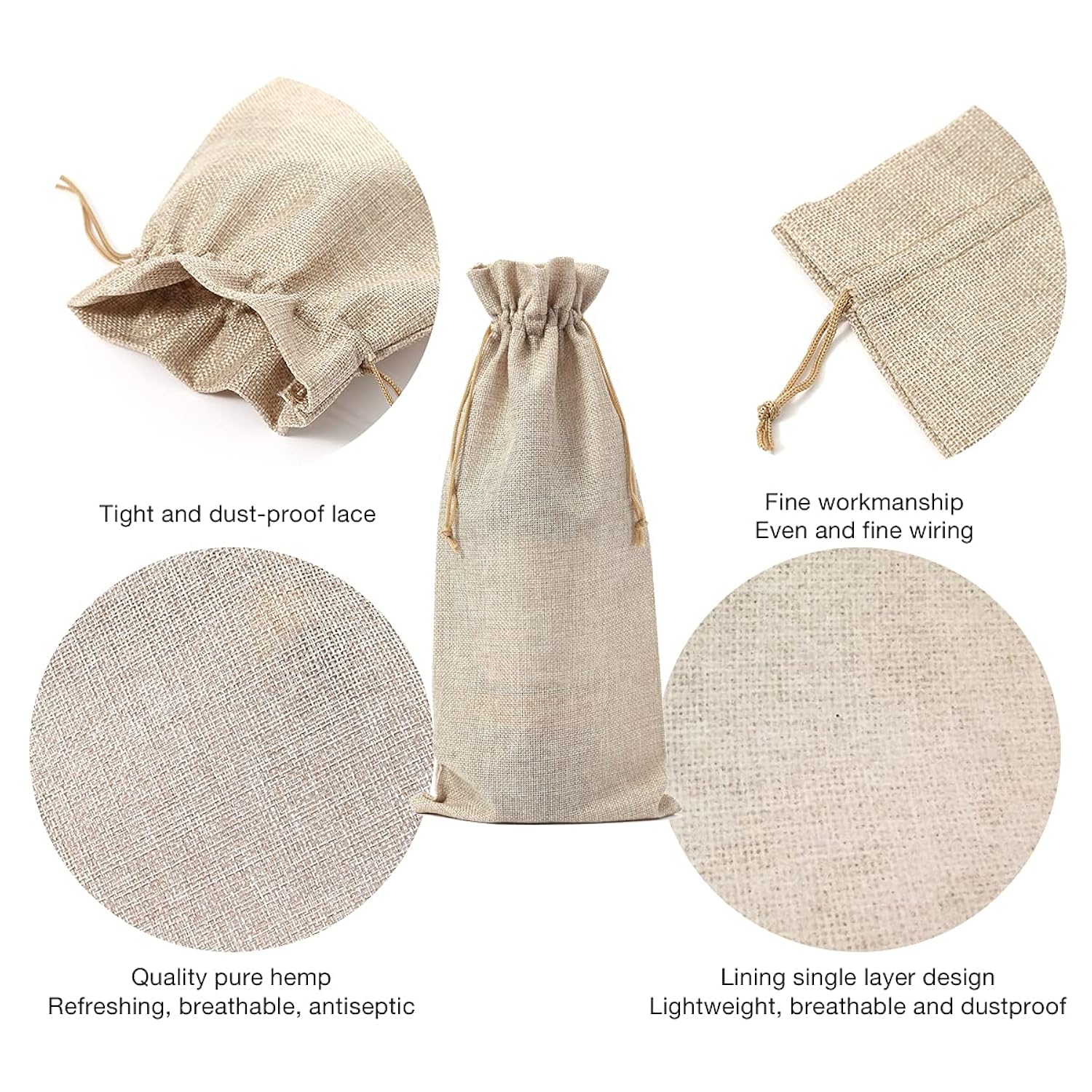 10Pcs Burlap Wine Bags With Drawstring Cream Pouches Jute Wine Bottle Bags For Wedding Party, Birthday, Christmas, Home Storage(6.29 X14.17Inches)