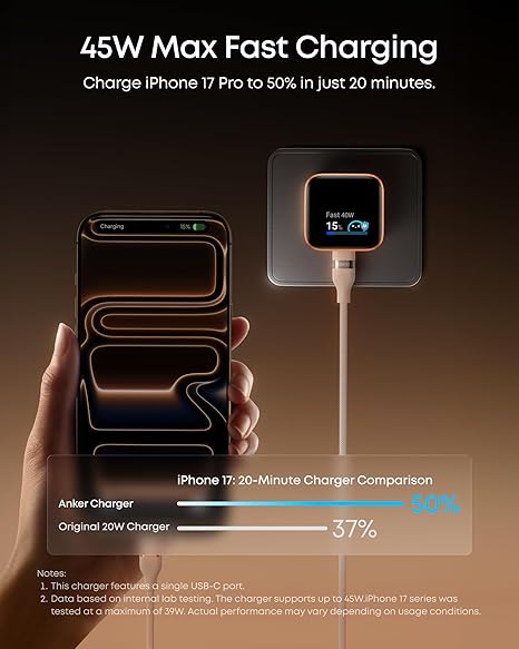 45W Smart Display USB C GaN Charger Block Fast Charging Foldable Wall Adapter