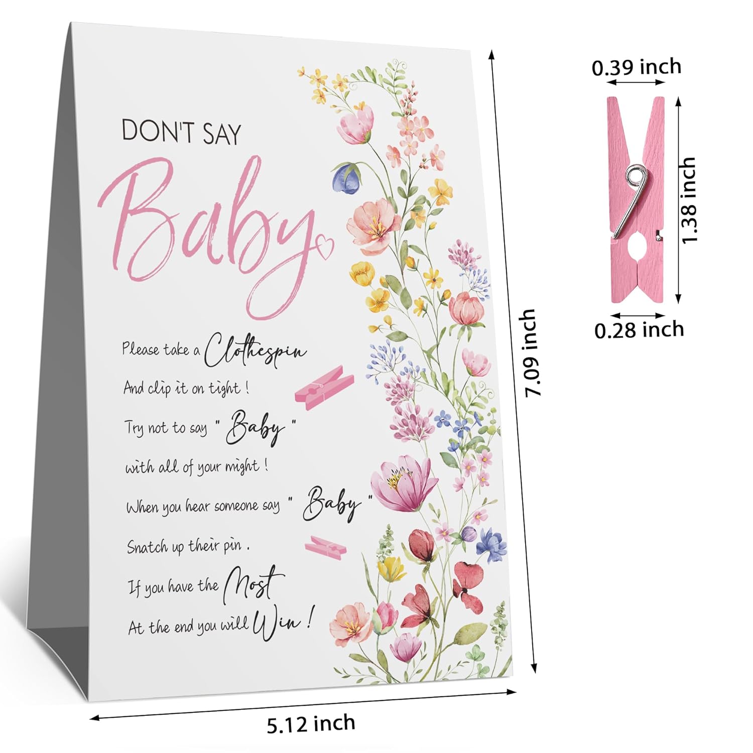 Wildflower Clothespin Baby Shower Game – 'Don'T Say Baby' Party Activity With Pink Floral Sign & 50 Mini Clothespins – Gender Reveal Decor For Girls – Baby Shower Decoration Set-C5