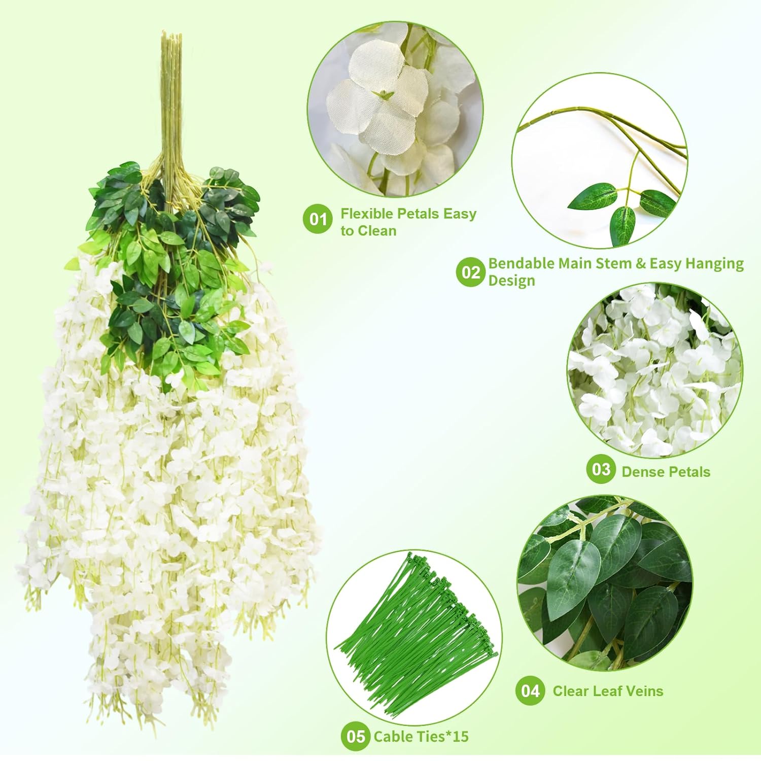 12 Pcs Wisteria Hanging Flowers, 3.6Ft Fake Wisteria Vines Artificial Wisteria Garland Silk Flower String For Wedding Arch Garden Party Home Ceiling Wall Backdrop Tent Decoration (White)
