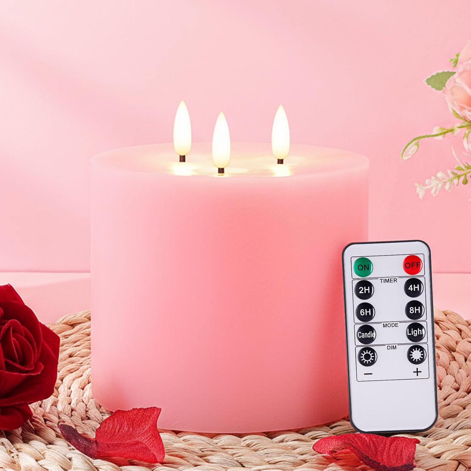 Valentine'S Day Pink Extra Large Flameless Candles 6'' X 6'' Led Battery Operated Real Wax 3 Wicks Flickering Pillar Candle With Remote Control Timer For Home Wedding Party Decoration