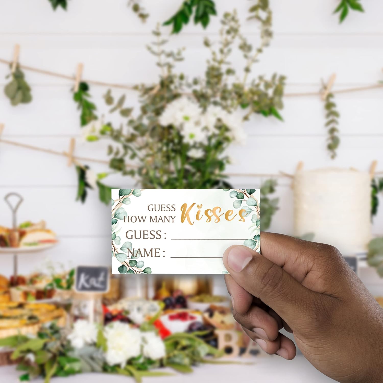 Bridal Shower Game Cards Kit (1 Standing Sign + 50 Guessing Cards),Greenery Golden,Guess How Many Kisses For The Soon To Be Mrs,Bridal Tribe Party - Rh15