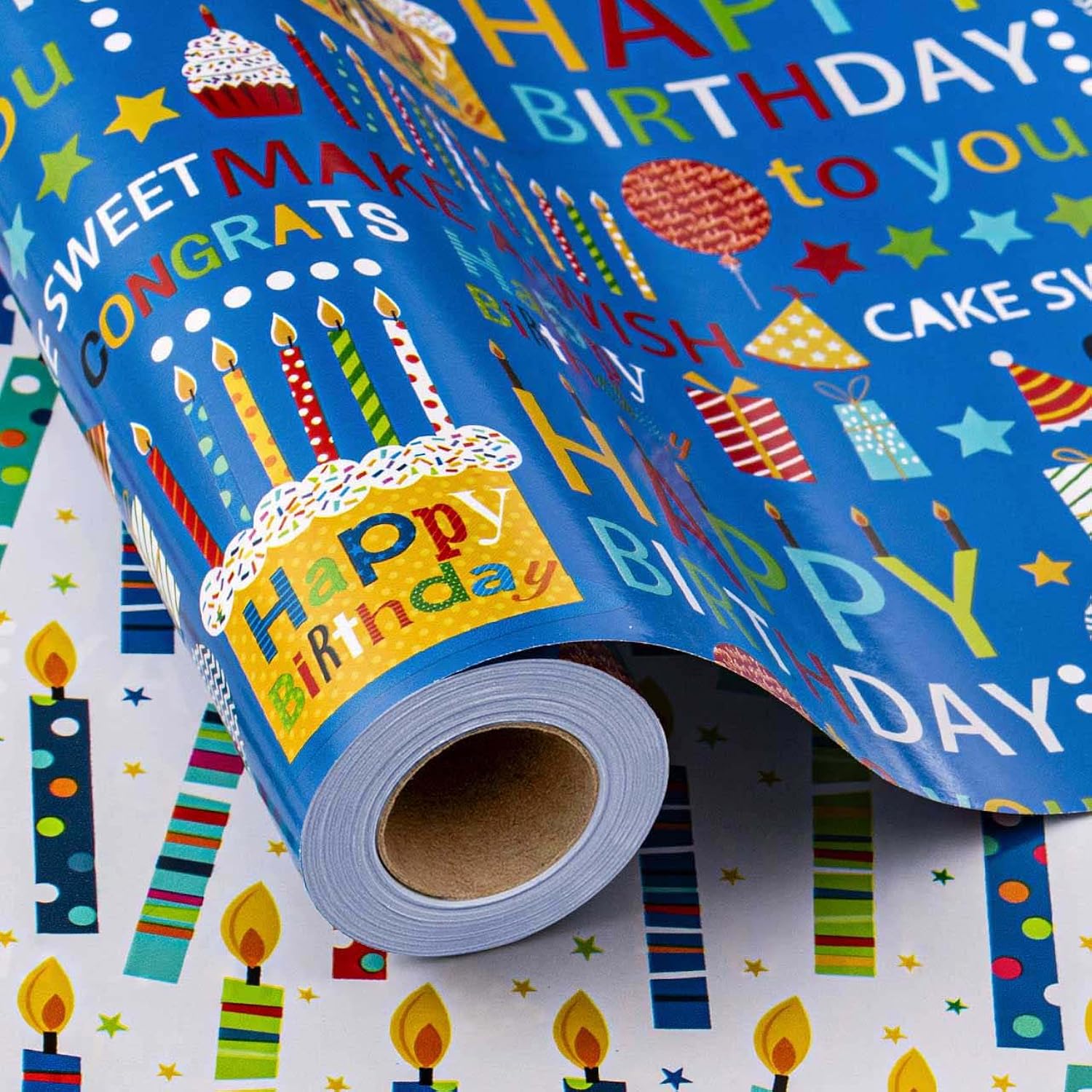 Blue Birthday Wrapping Paper Roll - Happy Birthday Lettering & Colorful Candles, Reversible Design For Boy Baby Shower, Party - Mini Roll - 17 Inch X 33 Feet