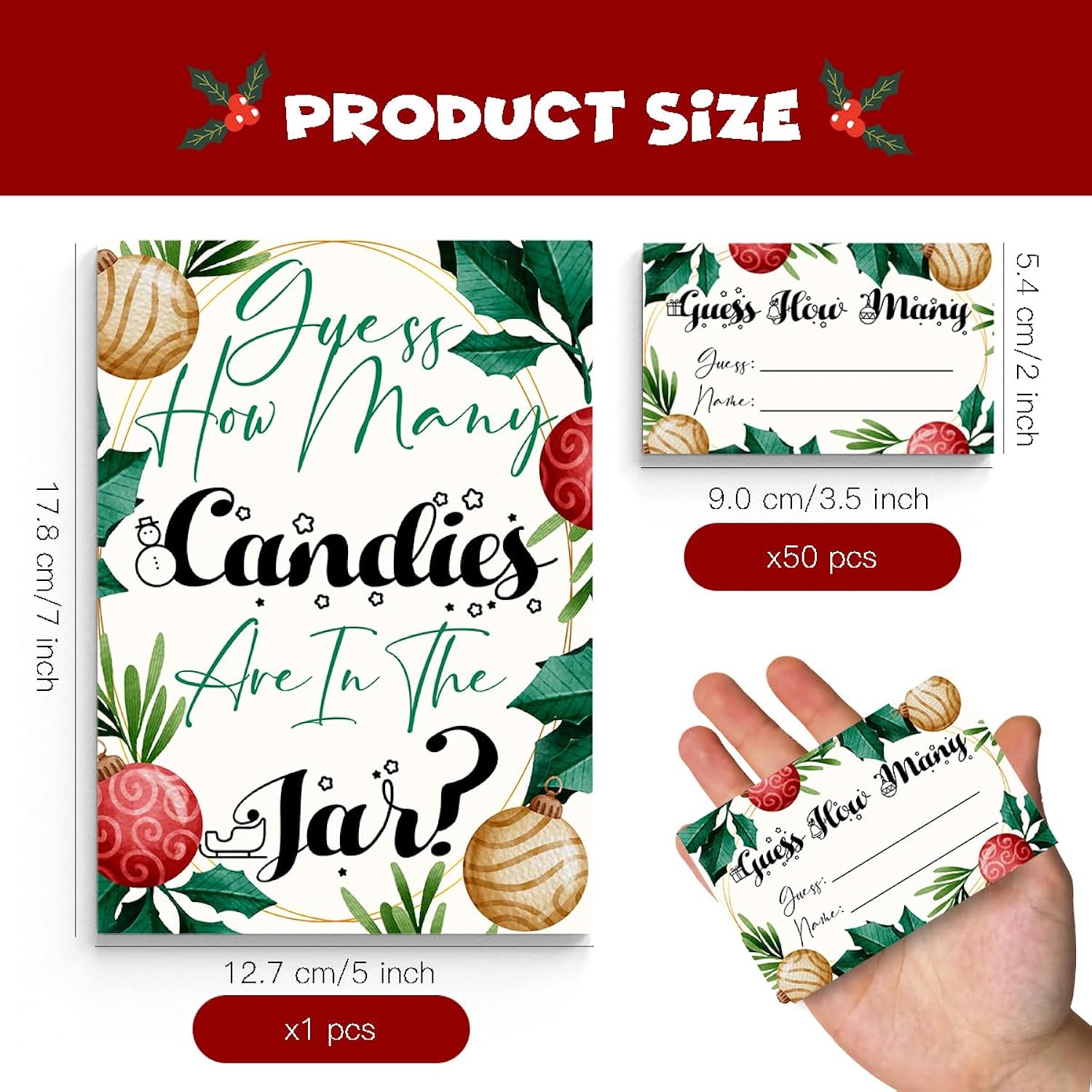 Christmas Games - How Many Are In The Jar, 1 Game Sign + 50 Guessing Cards, Christmas Party Game And Activity For Christmas Baby Shower, Christmas Party Decorations Sdj01