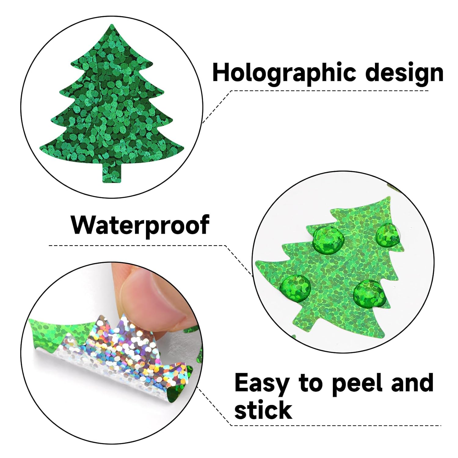 Christmas Tree Stickers - Holographic Christmas Envelope Stickers 1.5 Inch 600Pcs Waterproof Self-Adhesive Xmas Tree Labels Sticker Xmas Sticker For Envelope Seals Cards Party Decorations