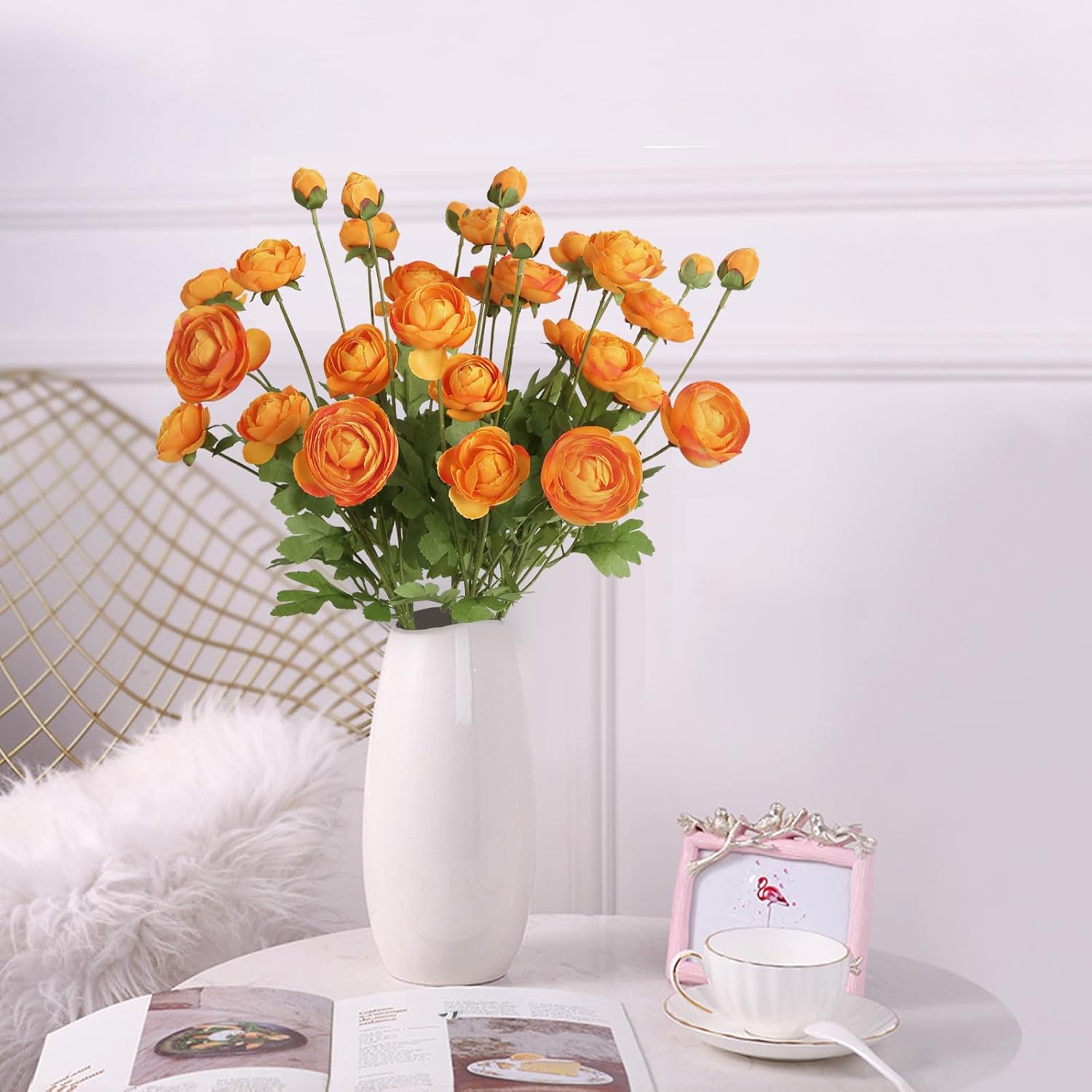 Artificial Ranunculus Flowers With Long Stem 8Pcs 32Heads, Orange Ranunculus Silk Flowers Persian Buttercup Fake Flowers For Floral Arrangement Wedding Table Centerpiece Home Decor (Orange)