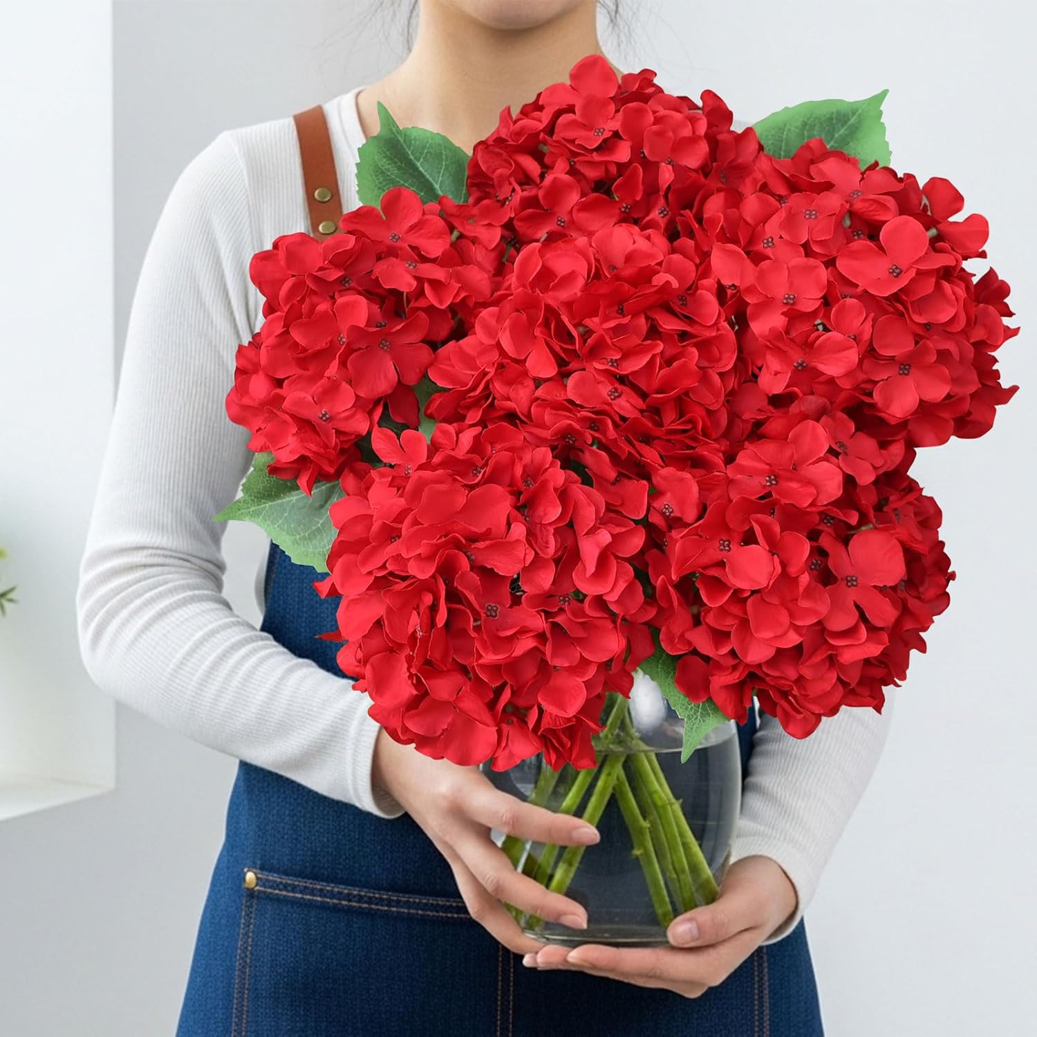Silk Red Hydrangea Artificial Flowers With Stem, 6Pcs 20" Large Full Faux Flower Lifelike Artificial Hydrangeas For Home Table Bouquet Wreath Xmas Party Outdoor Indoor Christmas New Year Decor
