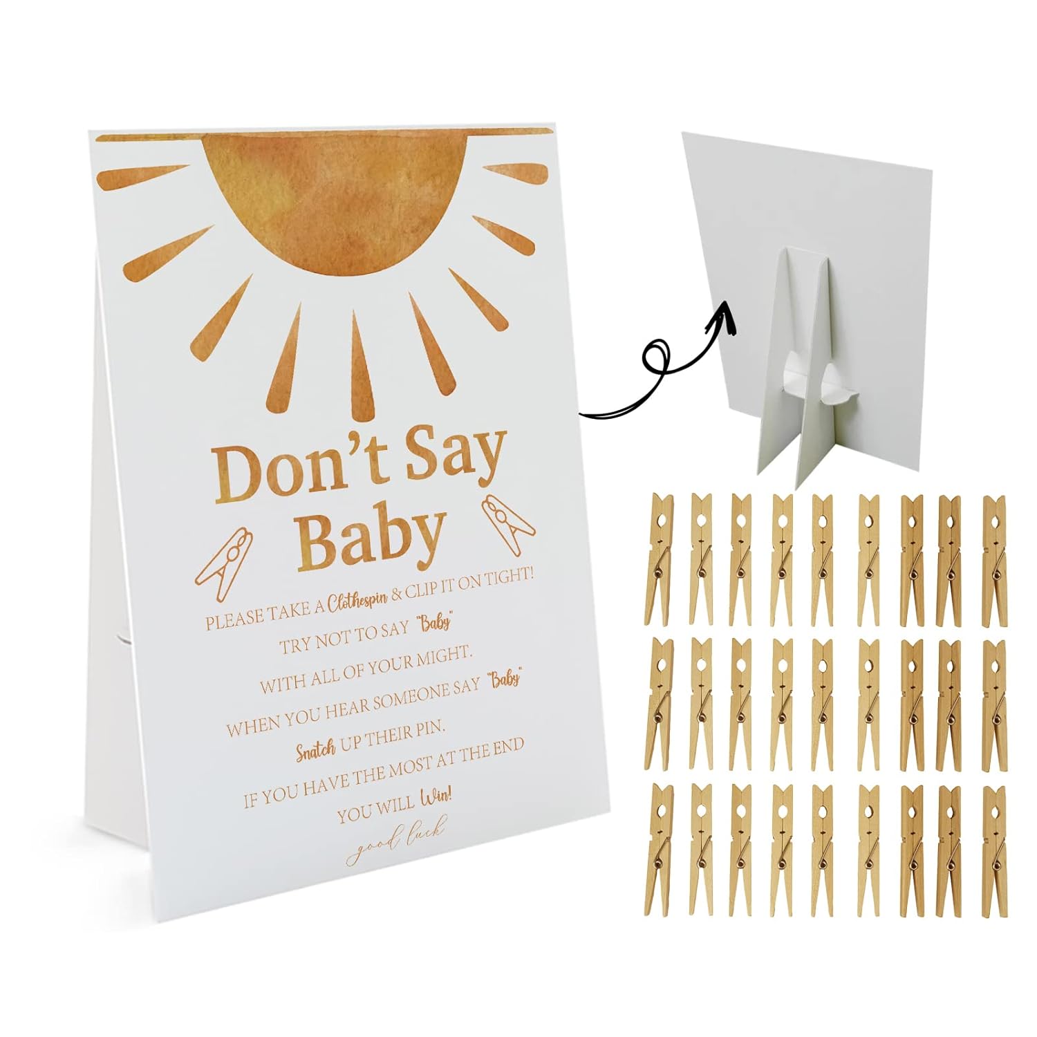 Sunshine Don'T Say Baby Game - 1 Sign & 50 Mini Natural Clothespins, Gender Neutral Boho Baby Shower Game (Ds10)