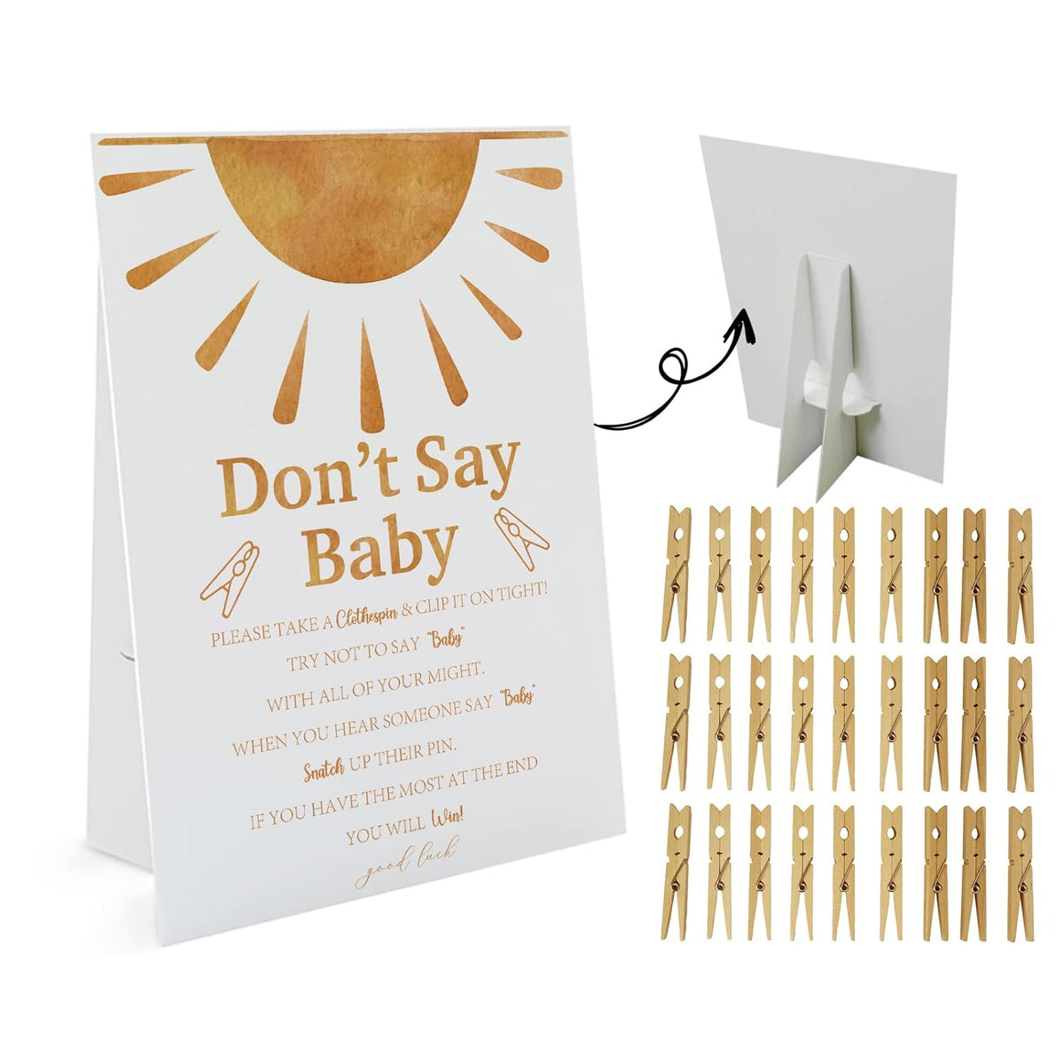 Sunshine Don'T Say Baby Game - 1 Sign & 50 Mini Natural Clothespins, Gender Neutral Boho Baby Shower Game (Ds10)