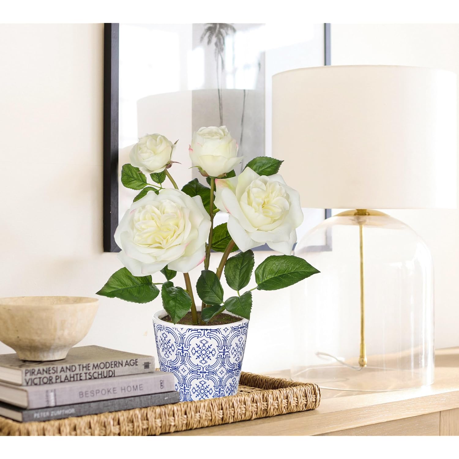 White Real Touch Roses Artificial Flowers In Vase Blue And White Porcelain Ceramic Pot 13.4" Fake Roses Flower Arrangement Artificial Plants & Flowers Potted Plant Faux Silk Rose Flower