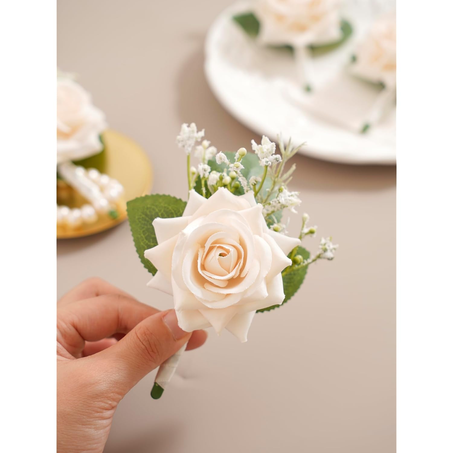 Champagne Corsage And Boutonniere Set, Rose Boutonniere For Men Wedding, Prom Artificial Flower Wrist Corsage Bracelets, Homecoming Corsage Wristlet, Flowers Accessories Prom Suit Decorations