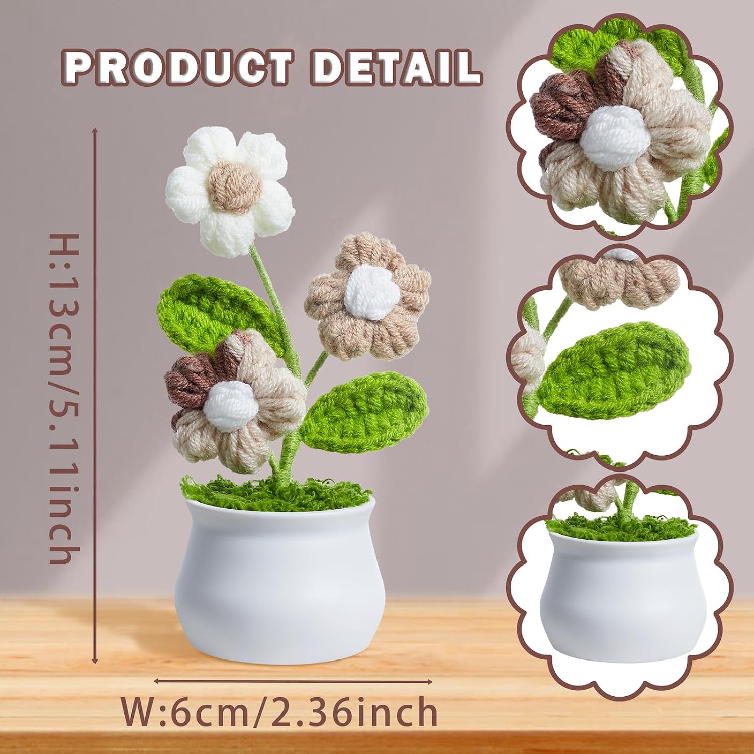 Brown Crochet Flowers Handmade Puff Knitted Flowers For Teacher Christmas Anniversary Valentine'S Day Crochet Gifts For Women