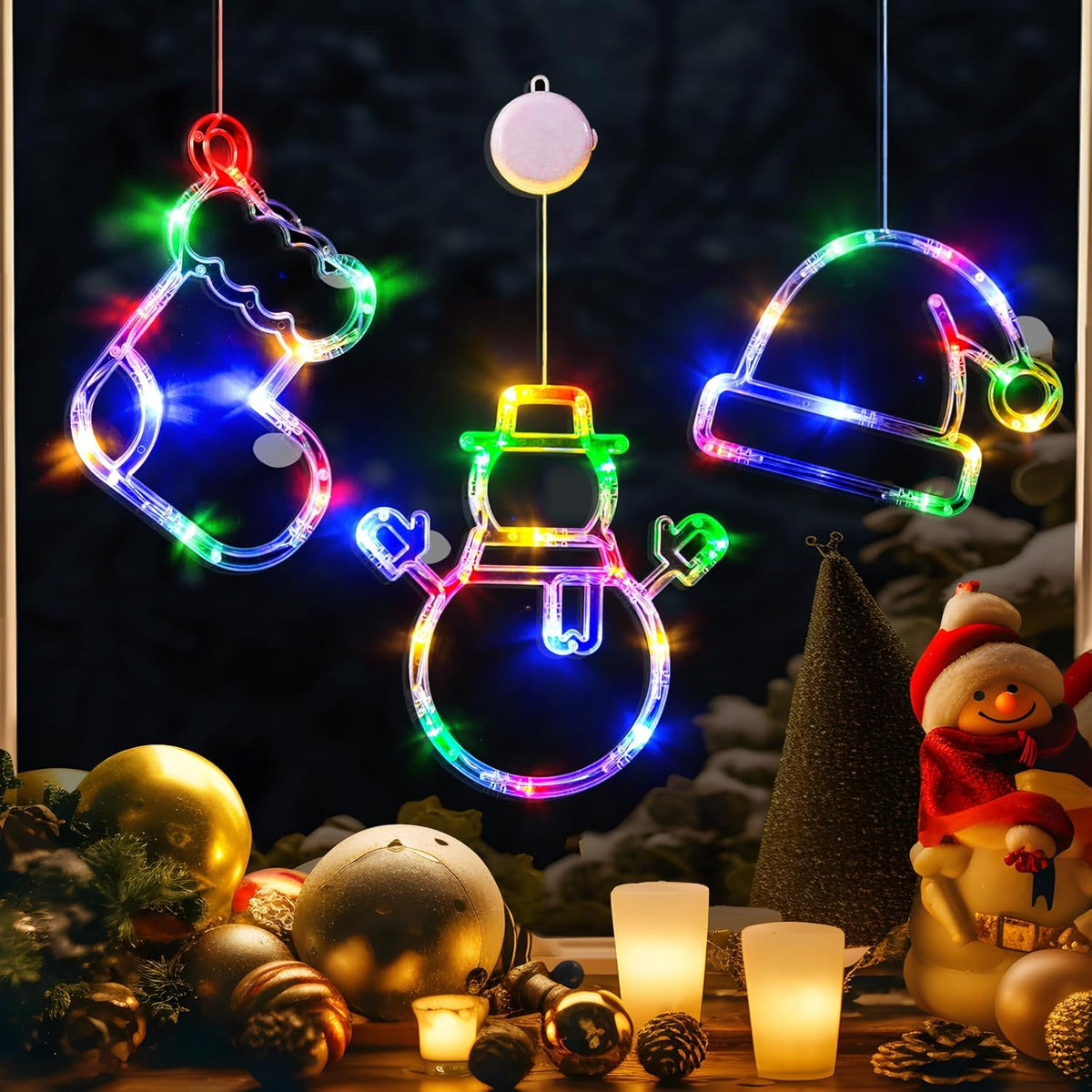 Christmas Window Lights, 3 Pack Multicolor Stocking, Snowman, Santa Hat With Suction Cup, Timer Function And Slow Fade M