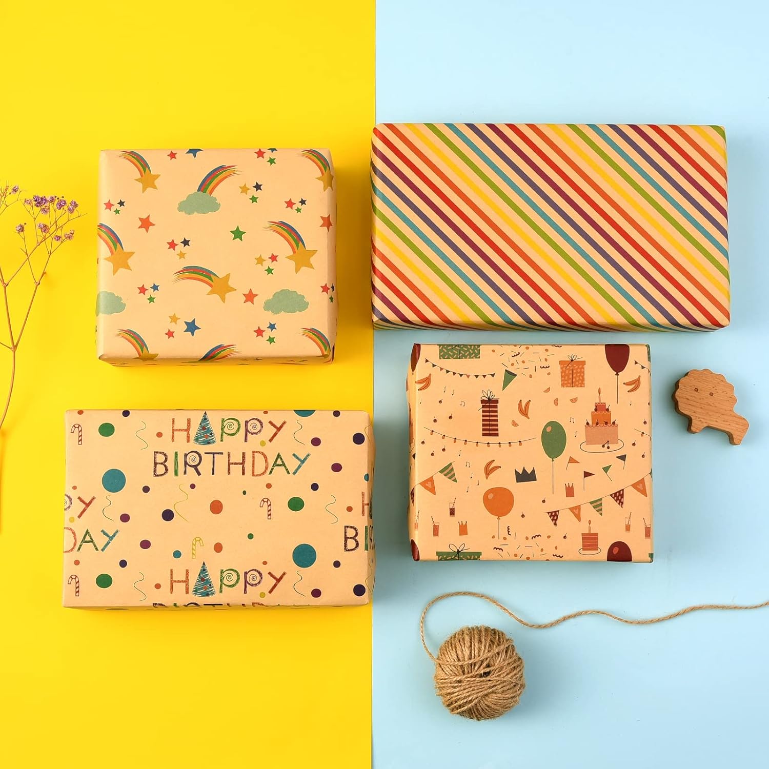 Birthday Wrapping Paper For Kids Girls Women Boys Men,12 Sheets Kraft Brown Recycled Gift Wrapping Paper 4 Styles Of ''Happy Birthday'' Balloon Rainbow Stars Precut 20" X 29" Folded