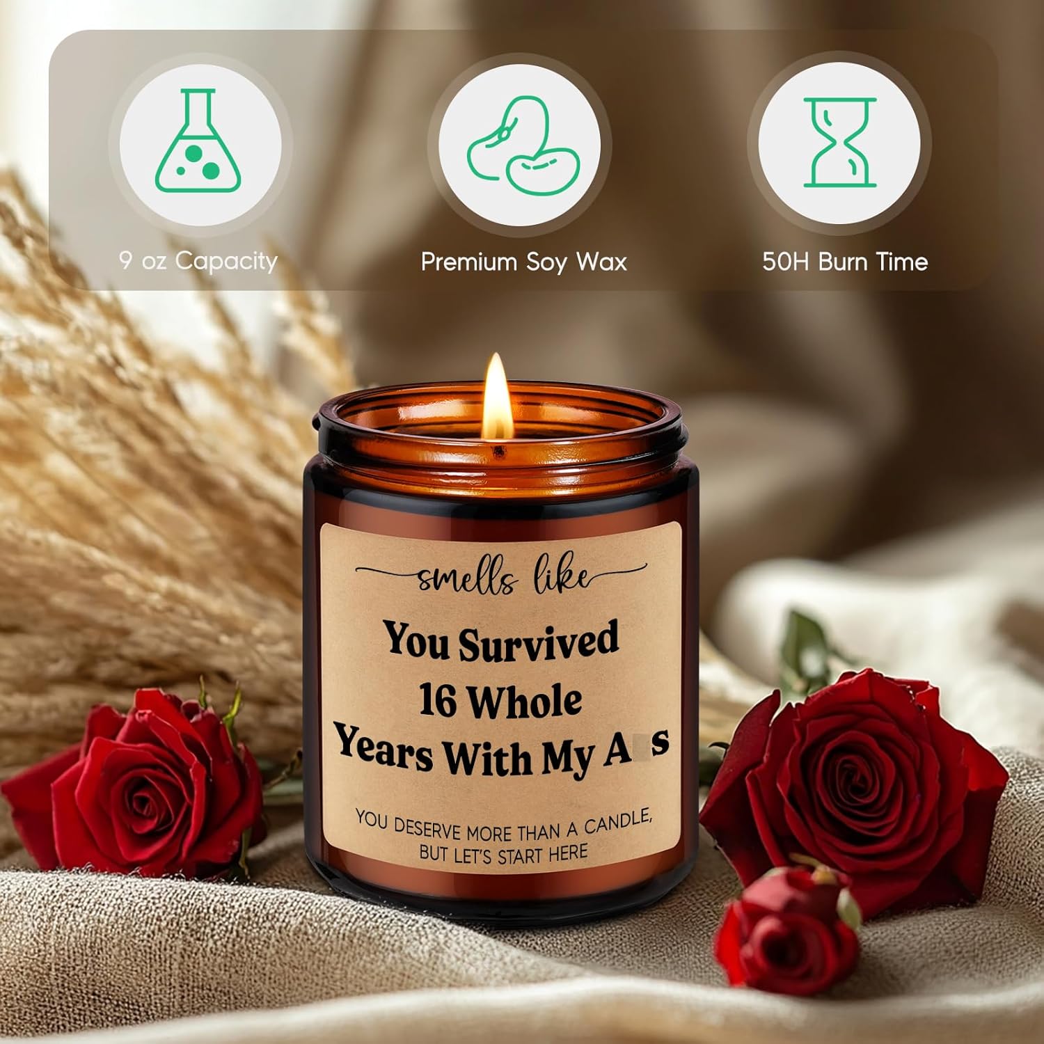 16 Year Anniv. Candle - 16Th Anniversary Candle Gifts For Husband, Wife - 16Th Wedding Anniversary Ideas For Her, Him, Couple - Happy Sixteenth, Wax Anniv. Gifts For Women, Men, Girlfriend, Bf