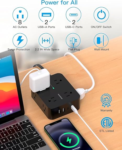 Surge Protector Power Strip with 8 Outlets 4 USB Ports 2 USB C 5FT Flat Plug Extension Cord 1080J