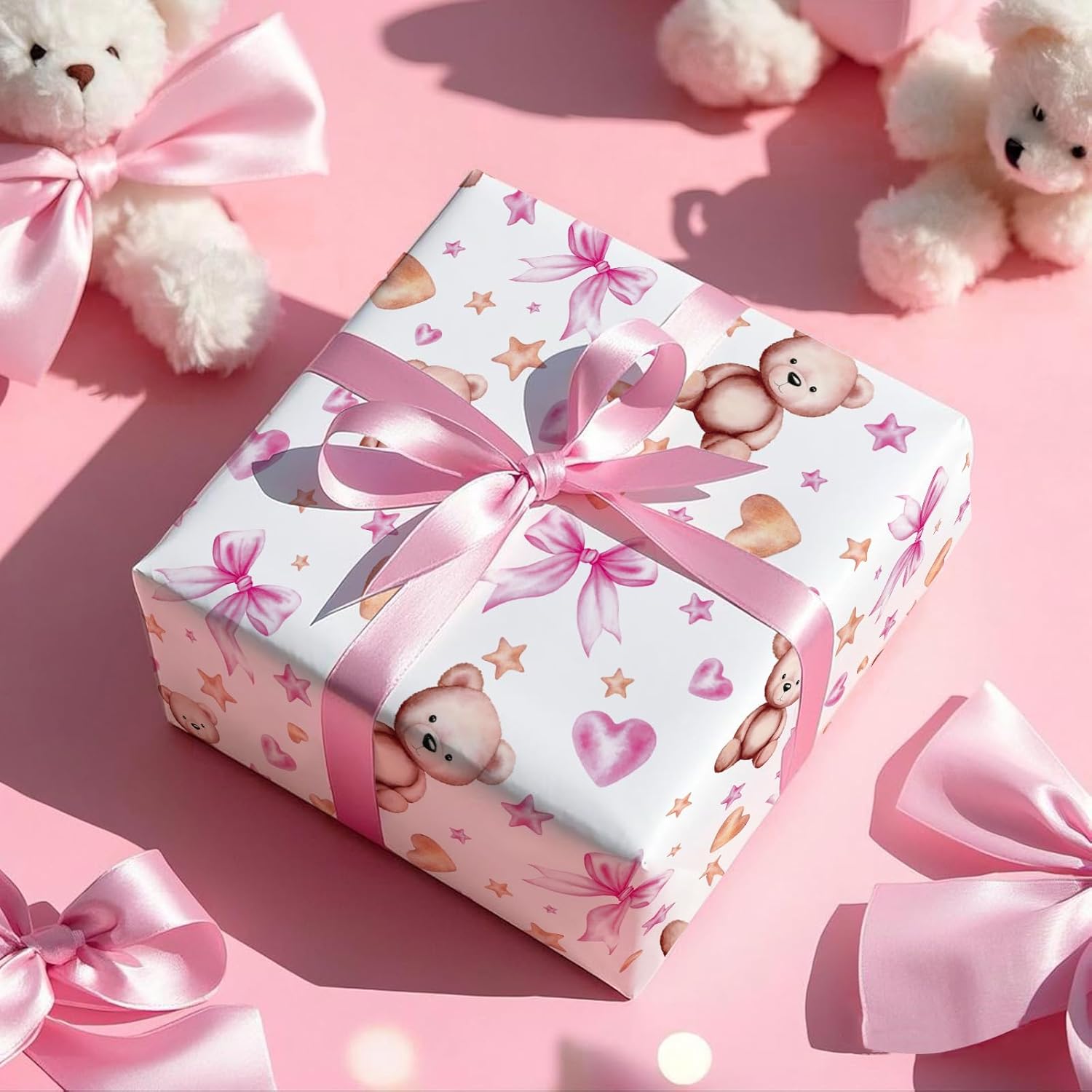 Bear Bow Wrapping Paper Roll For Baby Girl, Mini Roll, Pink Bear With Heart, Bow And Star Gift Wrap Paper For Baby Shower, Birthday And Special Occasions, 17 Inches X 16.4 Feet