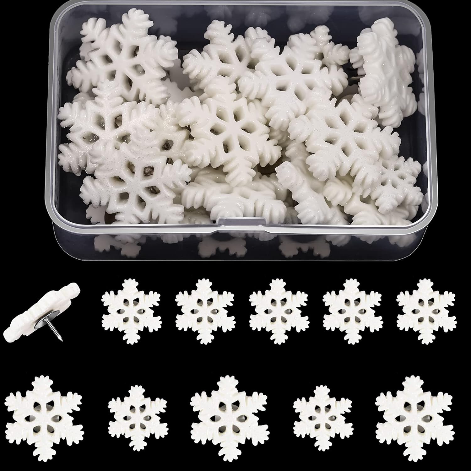30 Pieces Christmas Snowflake Push Pins, Decorative Cork Board Tacks, 0.9 Inch Thumb Tacks For Bulletin Board, Office Home Winter Christmas Decorations(White)