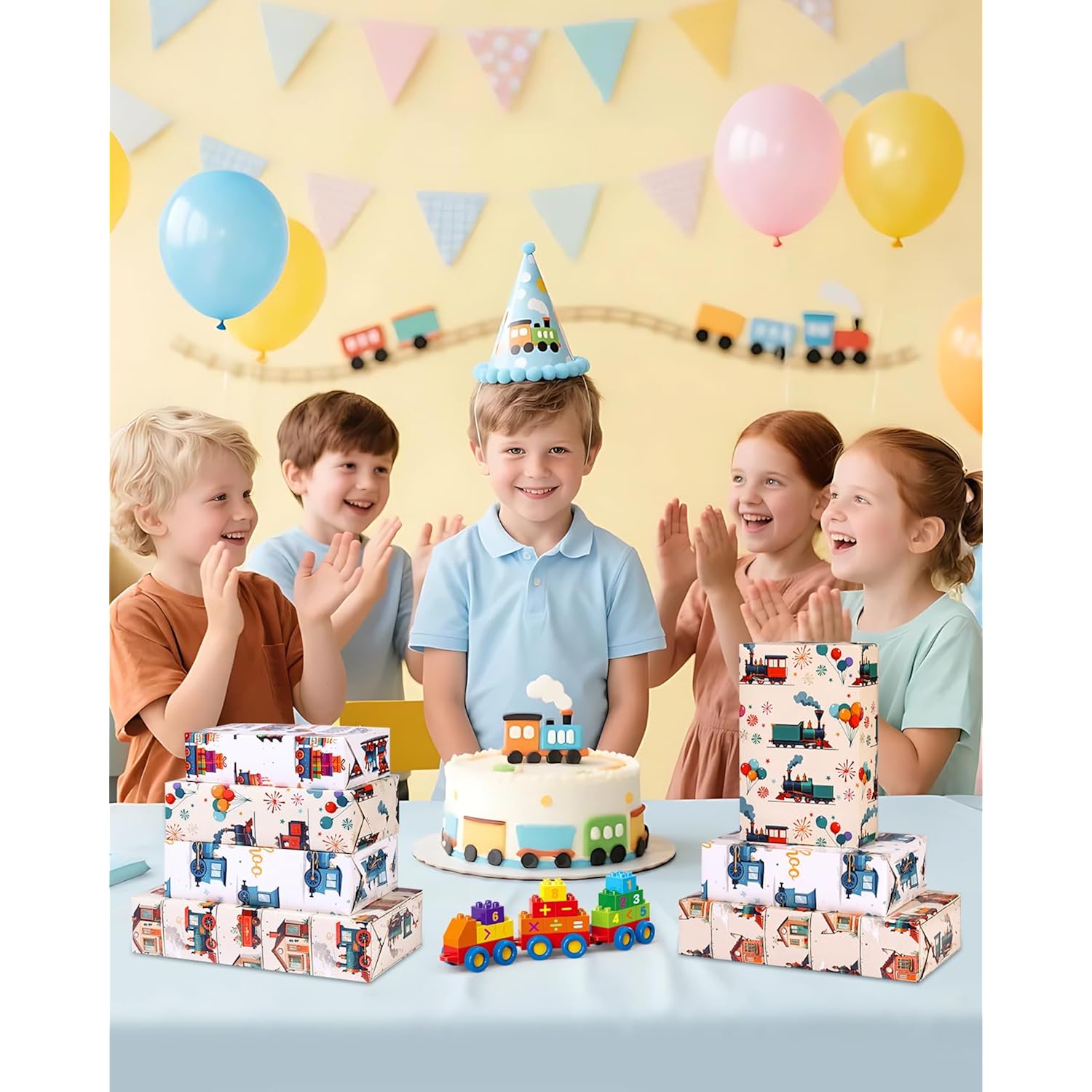 Train Wrapping Paper - 12 Sheets Cartoon Birthday Wrapping Paper Gift Wrap - Blue & Red Trains With Balloons Cake Gifts Train Tracks For Kids Boys Baby Shower Party Supplies - 20X28 Inch