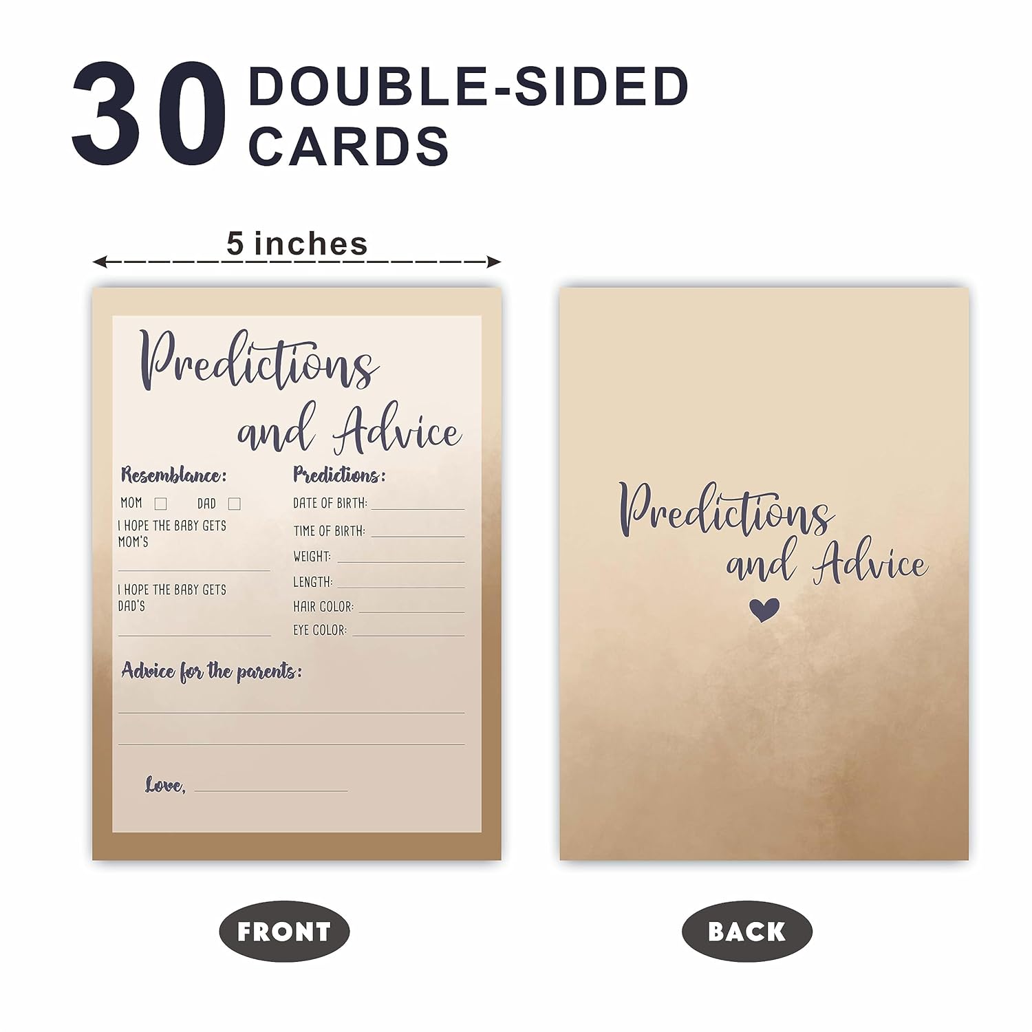 Baby Shower Prediction And Advice Game Kit - 30 Khaki Double Side Fill-In Game Cards For Baby Boy & Girl - Gender Reveal, Baby Announcement, Gender Neutral, Party Favor & Supplies - F1