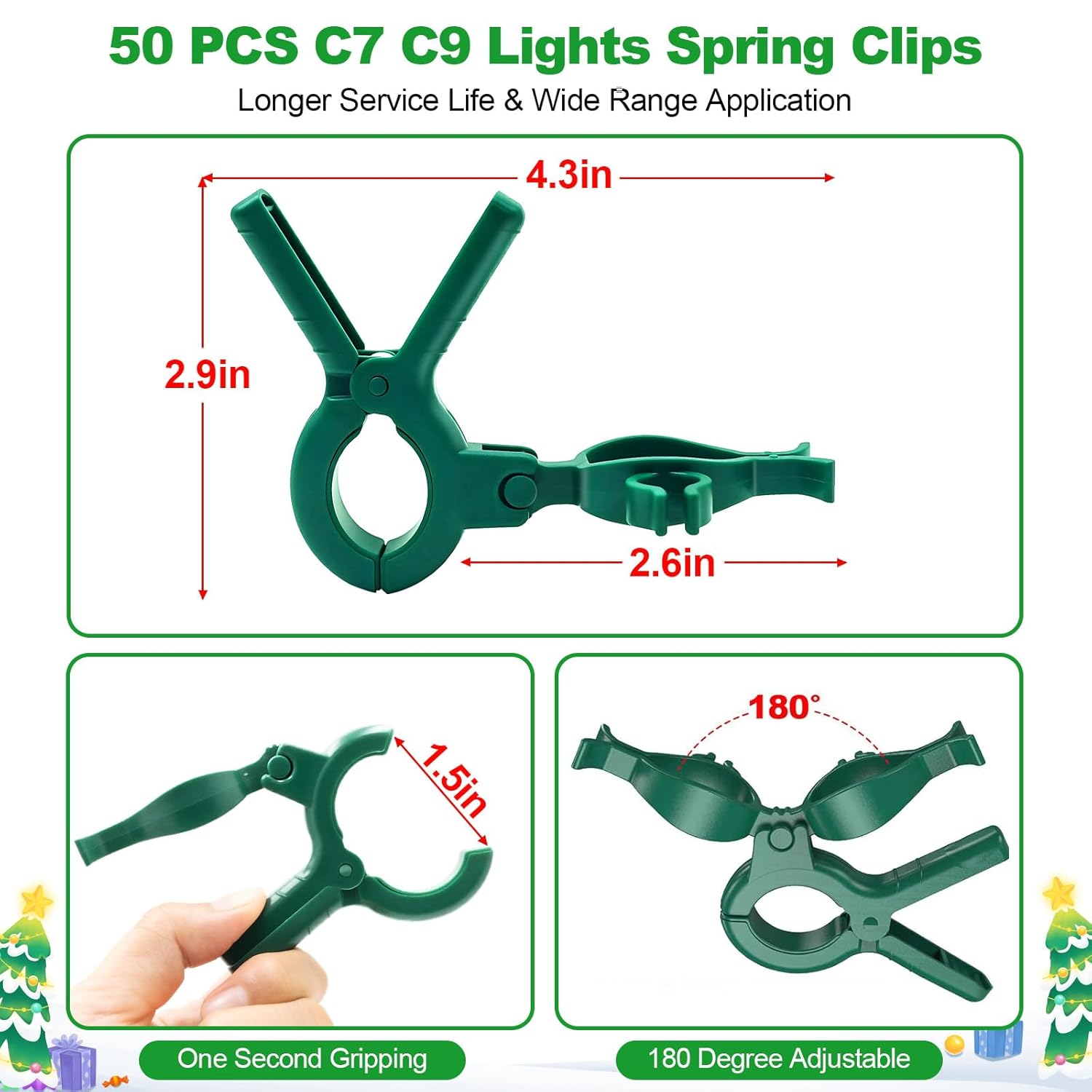 C7 C9 Christmas Lights Spring Clips, 100 Count Holiday Lights Quick Spring Clips, Shatterproof Shingle And Gutter Clips For E12, E17Socket, Rope Lights Roofline Fence Railing Christmas Trees (50)