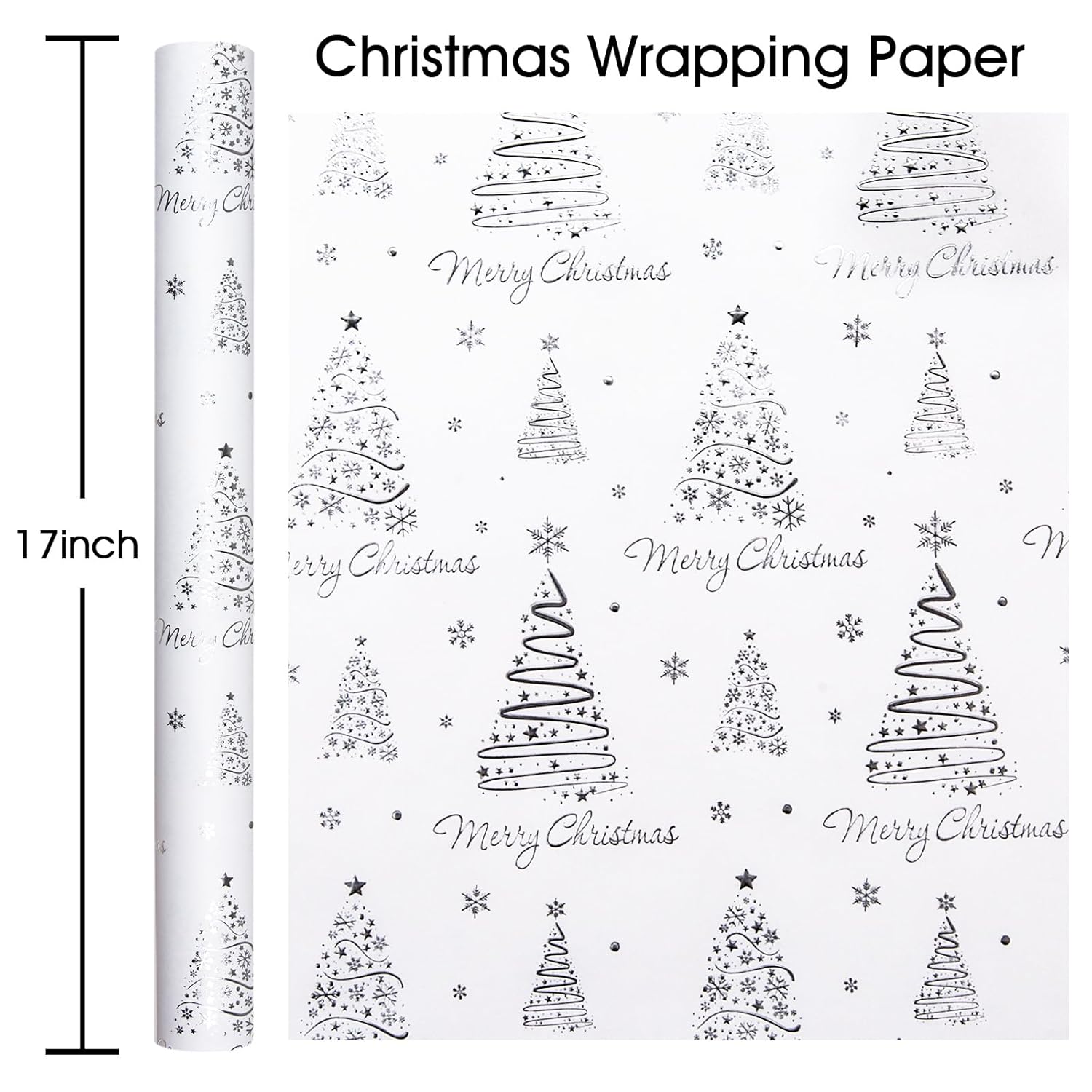 White Christmas Wrapping Paper Roll - 3D Embossed Trees And Letters With Silver Foil Metallic Shine Gift Wrap For Christmas, New Year Celebration, Holiday - Mini Roll - 17 Inch X 33 Feet