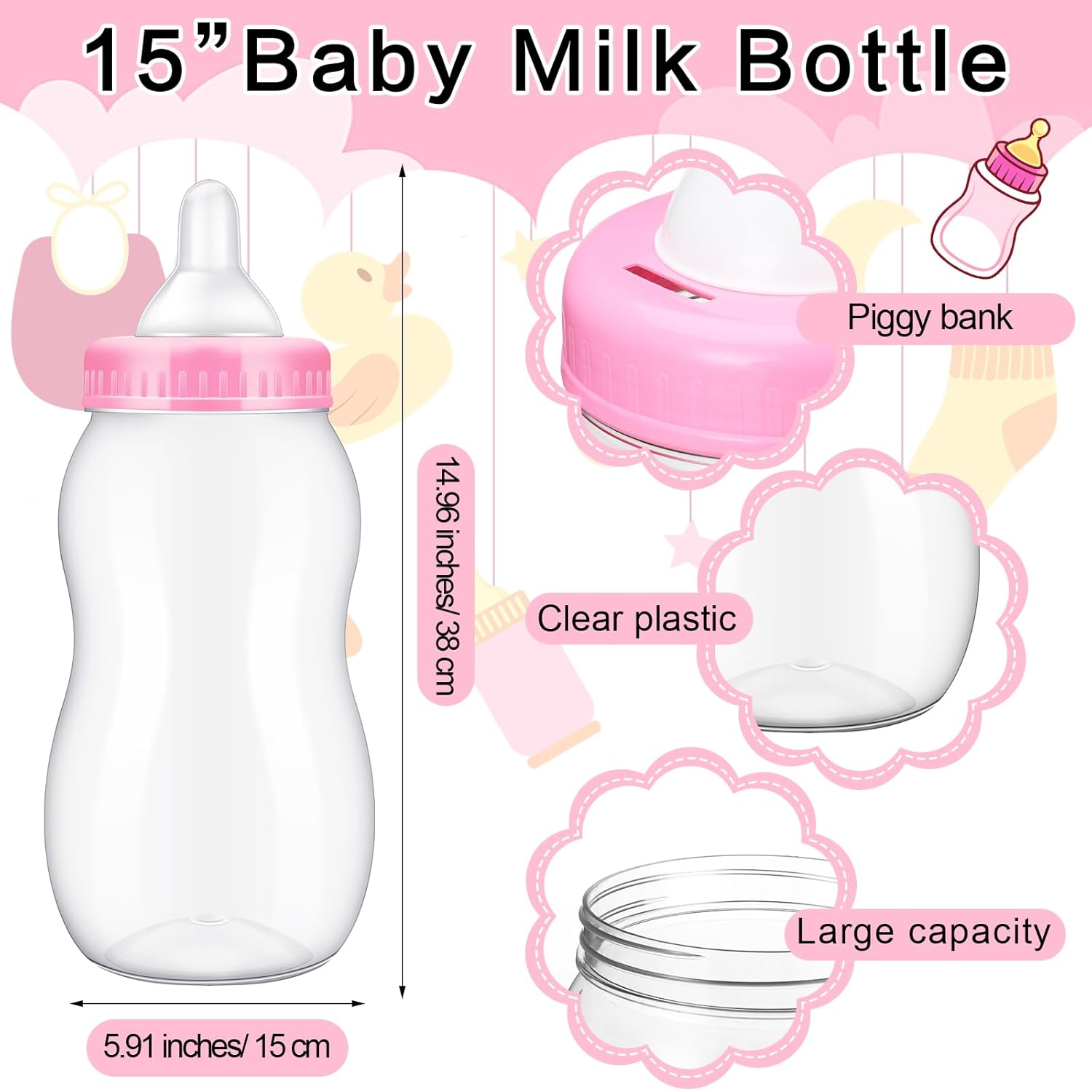 Baby Shower Games 15'' Giant Plastic Bottles Guess How Many Baby Shower Games Large Bottle With Sign 50 Guessing Cards For Gender Reveal Party Favors(Pink)