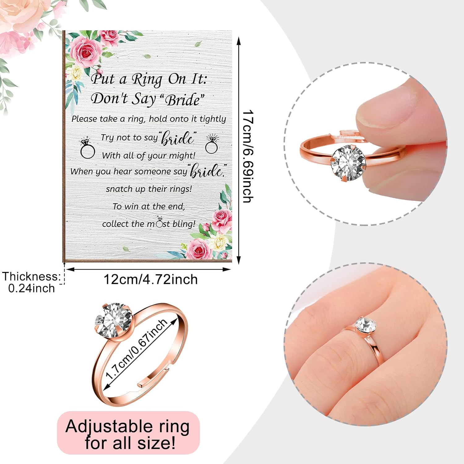 Put A Ring On It Bridal Shower Game With 100 Pcs Fake Rings Bridal Shower Games Wooden Wedding Signs Don'T Say Bride Rules Popular Wedding Engagement Party Favors For Guests(Rose Gold)