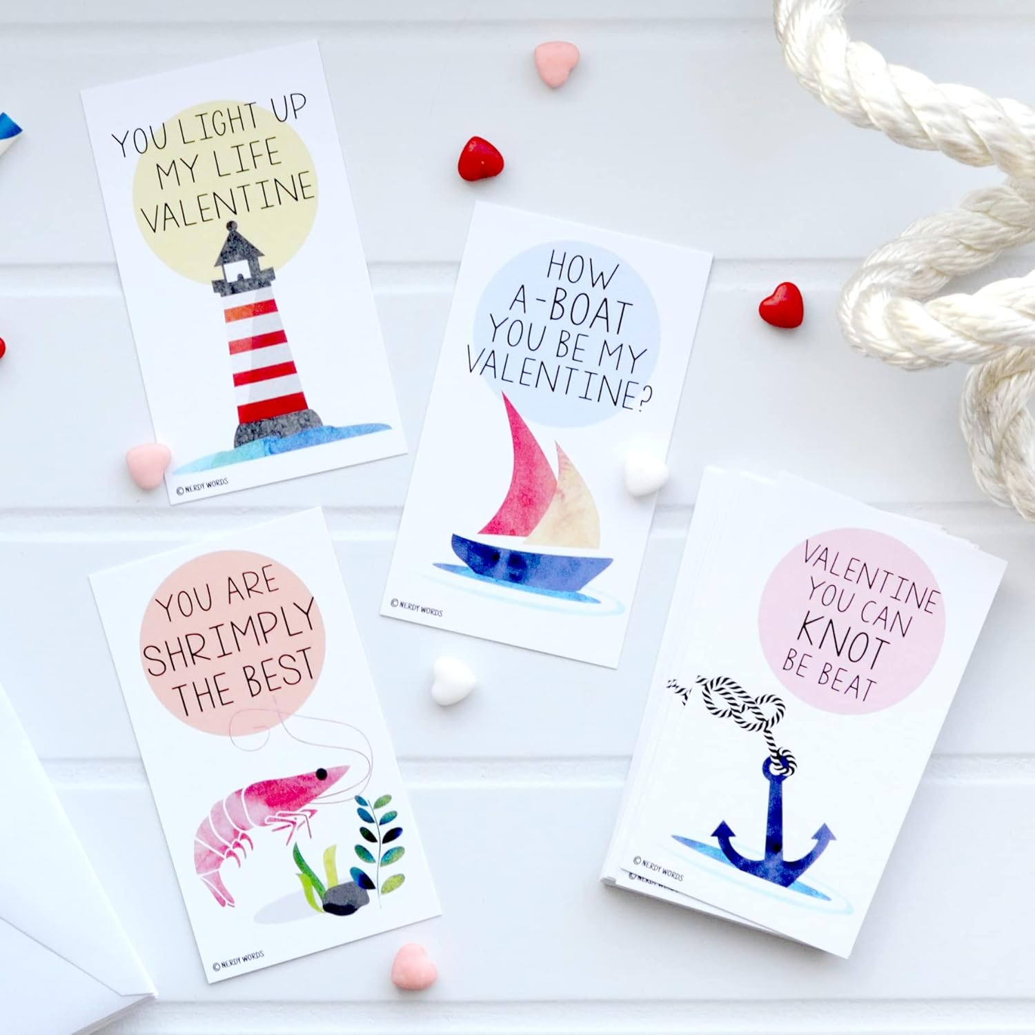 Mini Nautical Boat Anchor Shrimp Lighthouse Valentines (Wallet-Sized Valentines With Tiny Envelopes) Ocean And Sea Cards For Valentine'S Day (Set Of 24)