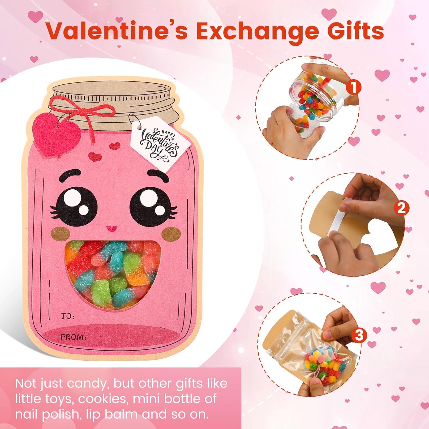 Valentines Day Cards For Kids School – 48 Pack Funny Face Mason Jar Valentine Gift Cards With Treat Bags, Classroom Exchange Cards For Boys Girls Toddlers & Friends (Candy Not Included)
