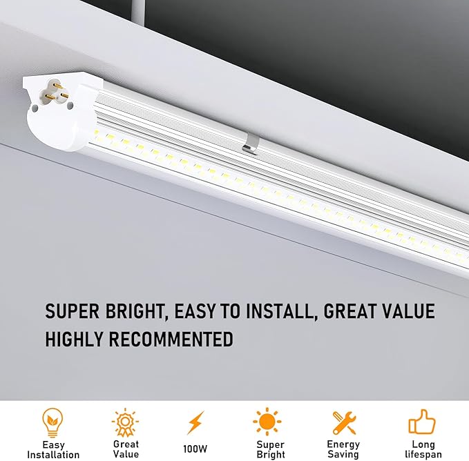 12 Pack 8FT LED Shop Lights 100W 15000LM 6000K Linkable Garage Workshop Fixtures