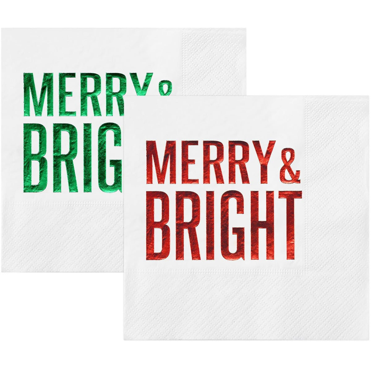 100 Pcs Christmas Paper Napkins Disposable, Merry Bright Red And Green Foil Cocktail Napkins, Xmas Holiday Party Guest Dinner Napkin Hand Towels For Christmas Winter Party Supplies, 6.5 X 6.5 Inch